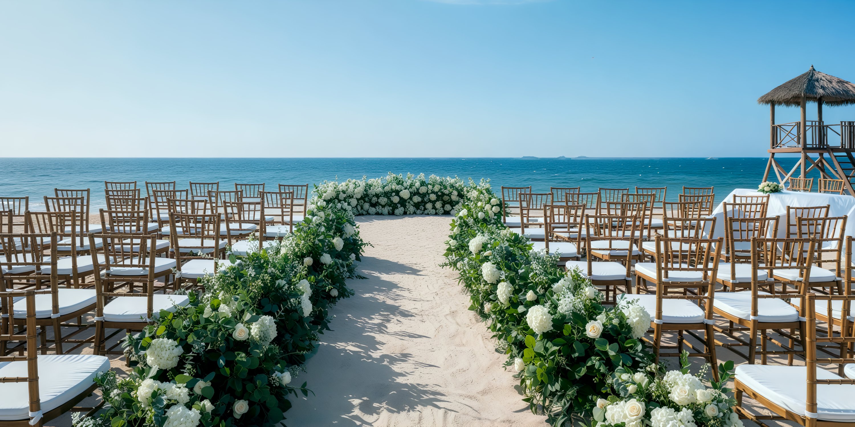 A destination wedding setup features chairs and floral decorations beautifully arranged to face the ocean.