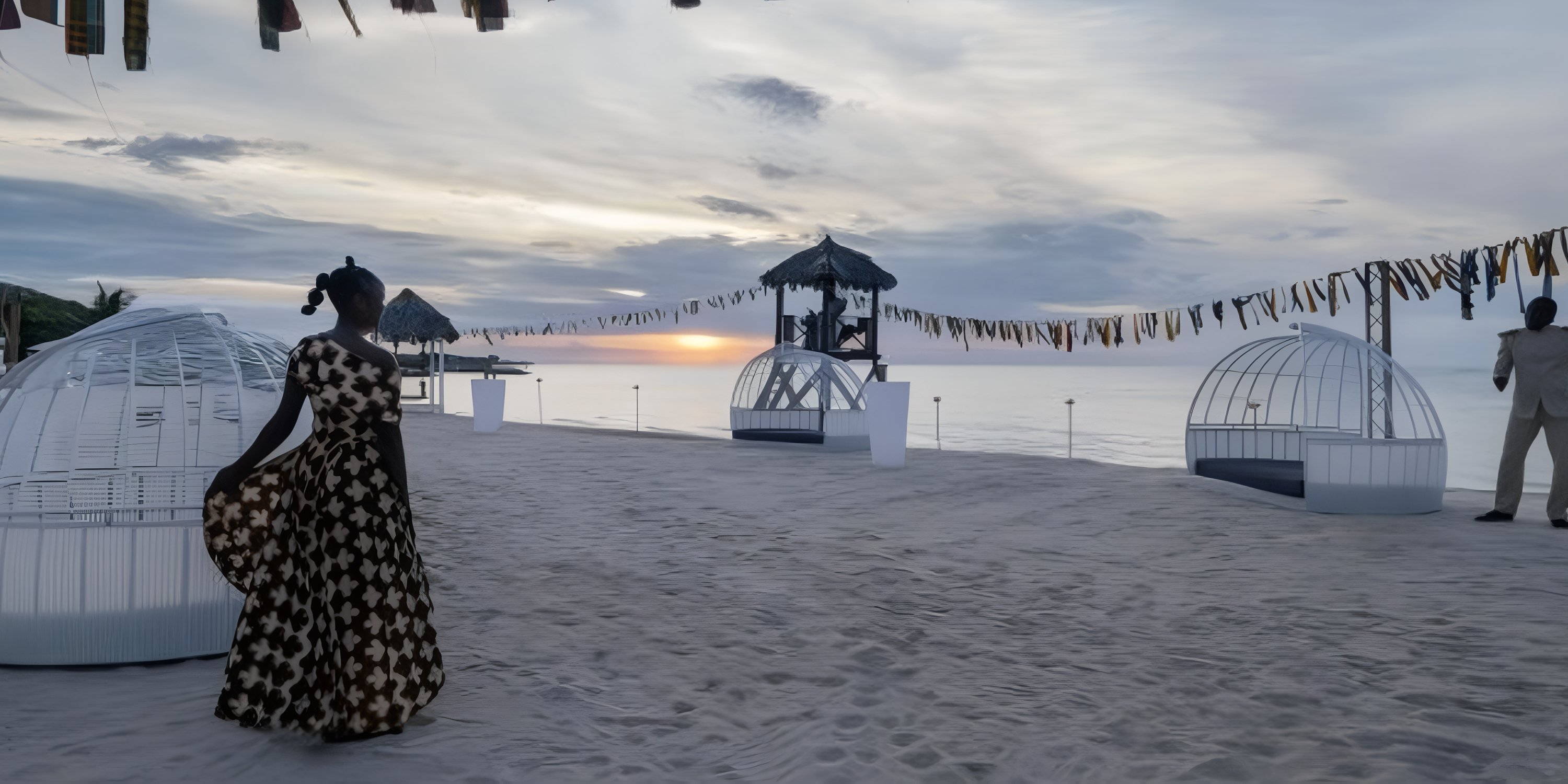 Woman at sunset on sandy beach near cabanas and lights, perfect for a destination wedding at JOIA Rose Hall.