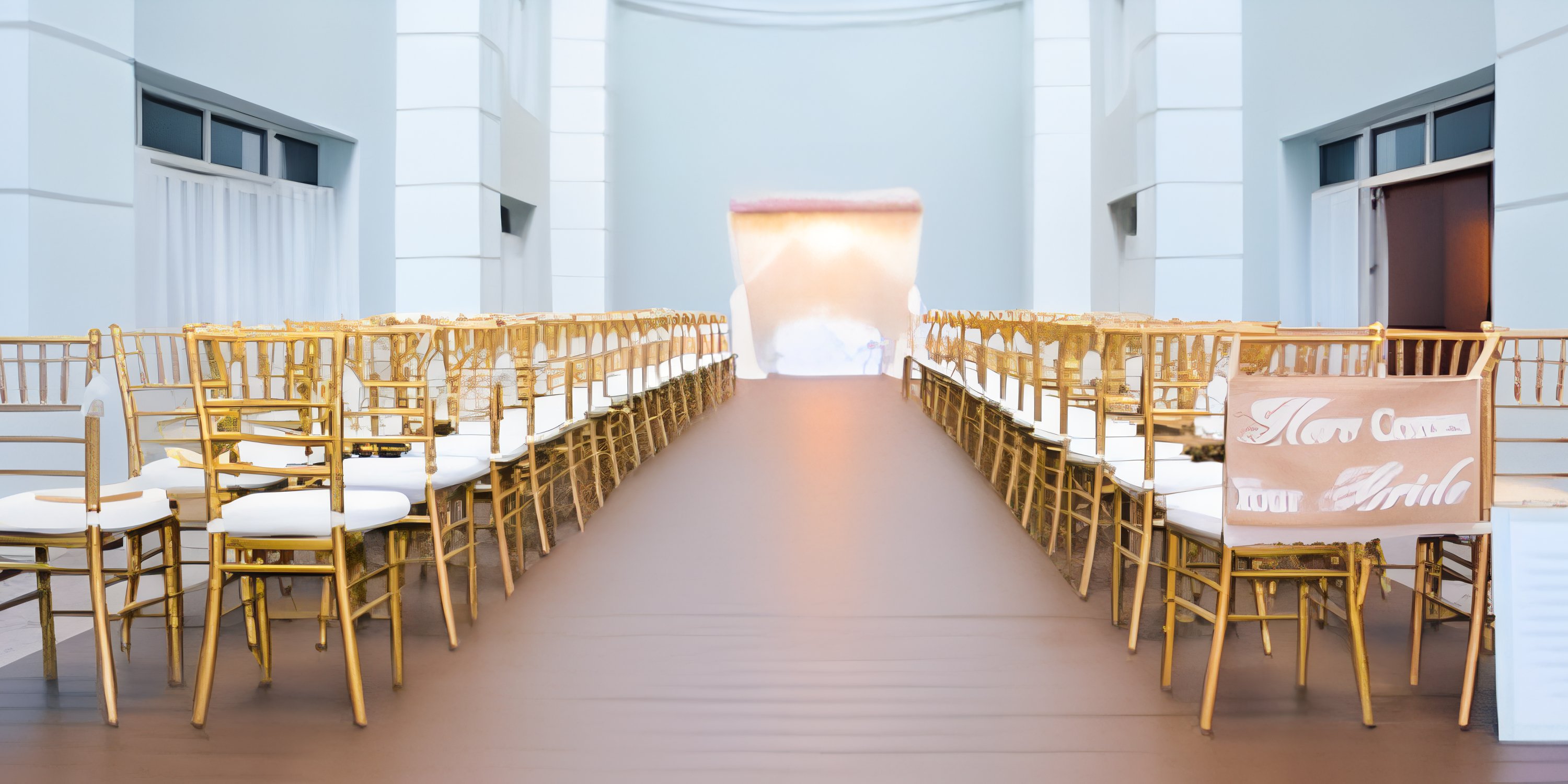 Gold chairs line the aisle of JOIA Rose Hall by Iberostar, a stunning indoor destination wedding venue.