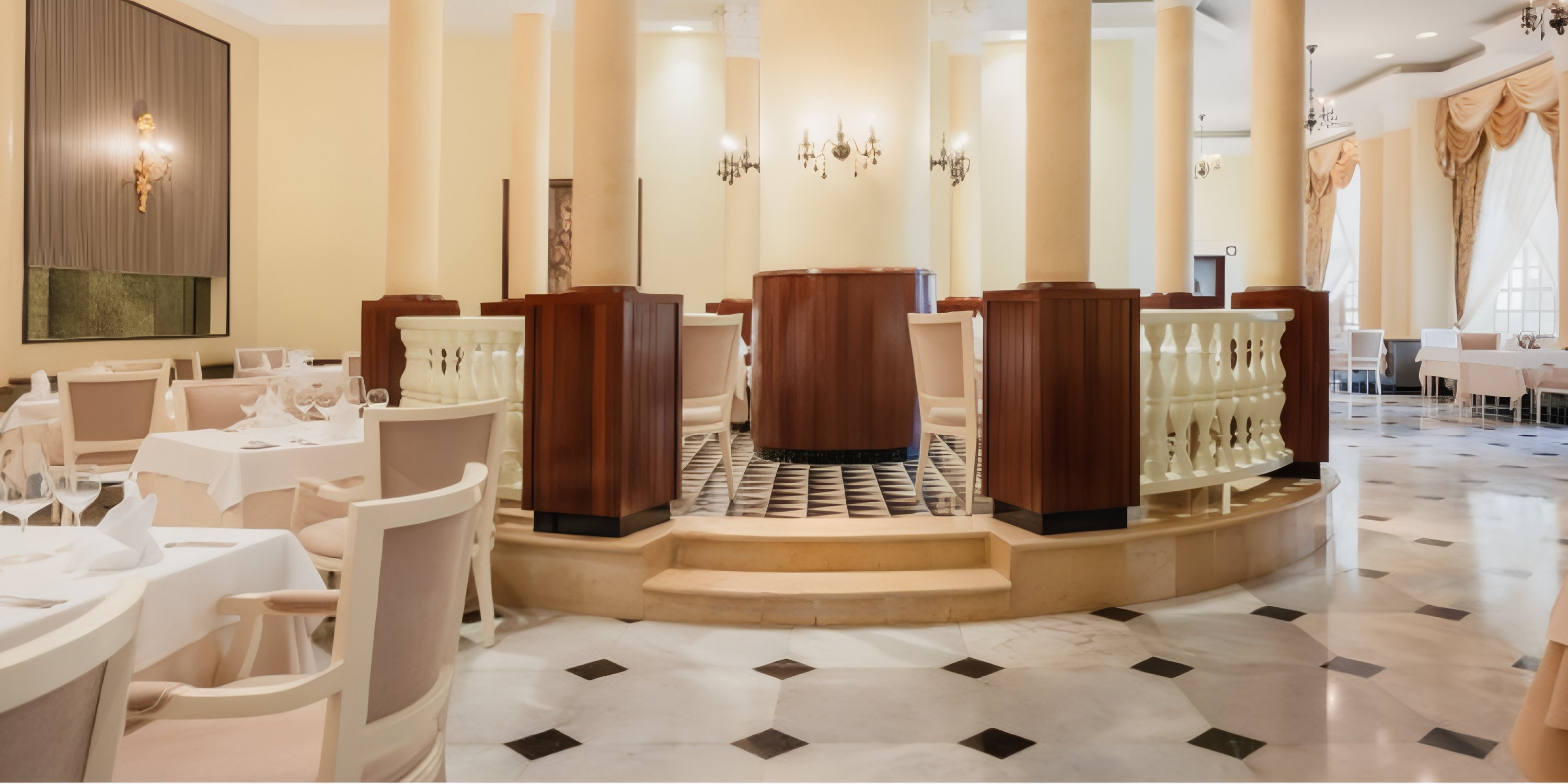 JOIA Rose Hall by Iberostar offers cream walls, round tables, and elegant wedding destination decor.