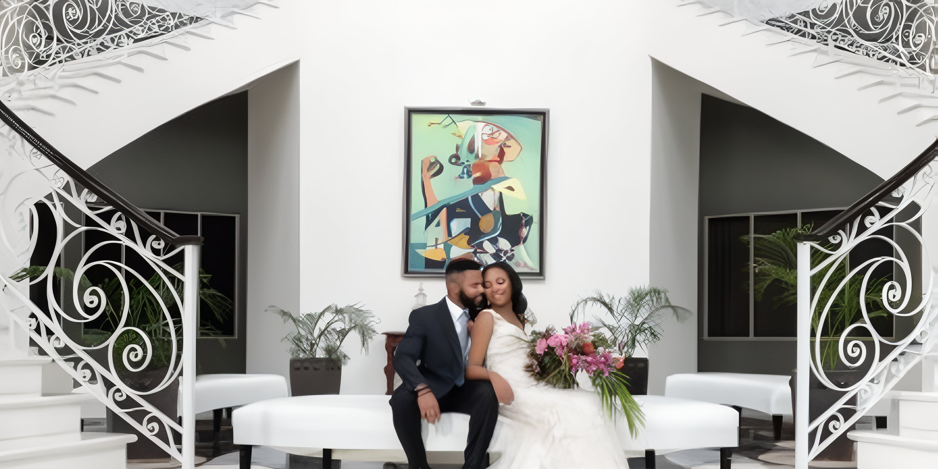 Bride and groom at their destination wedding, seated at JOIA Rose Hall by Iberostar's elegant venue.