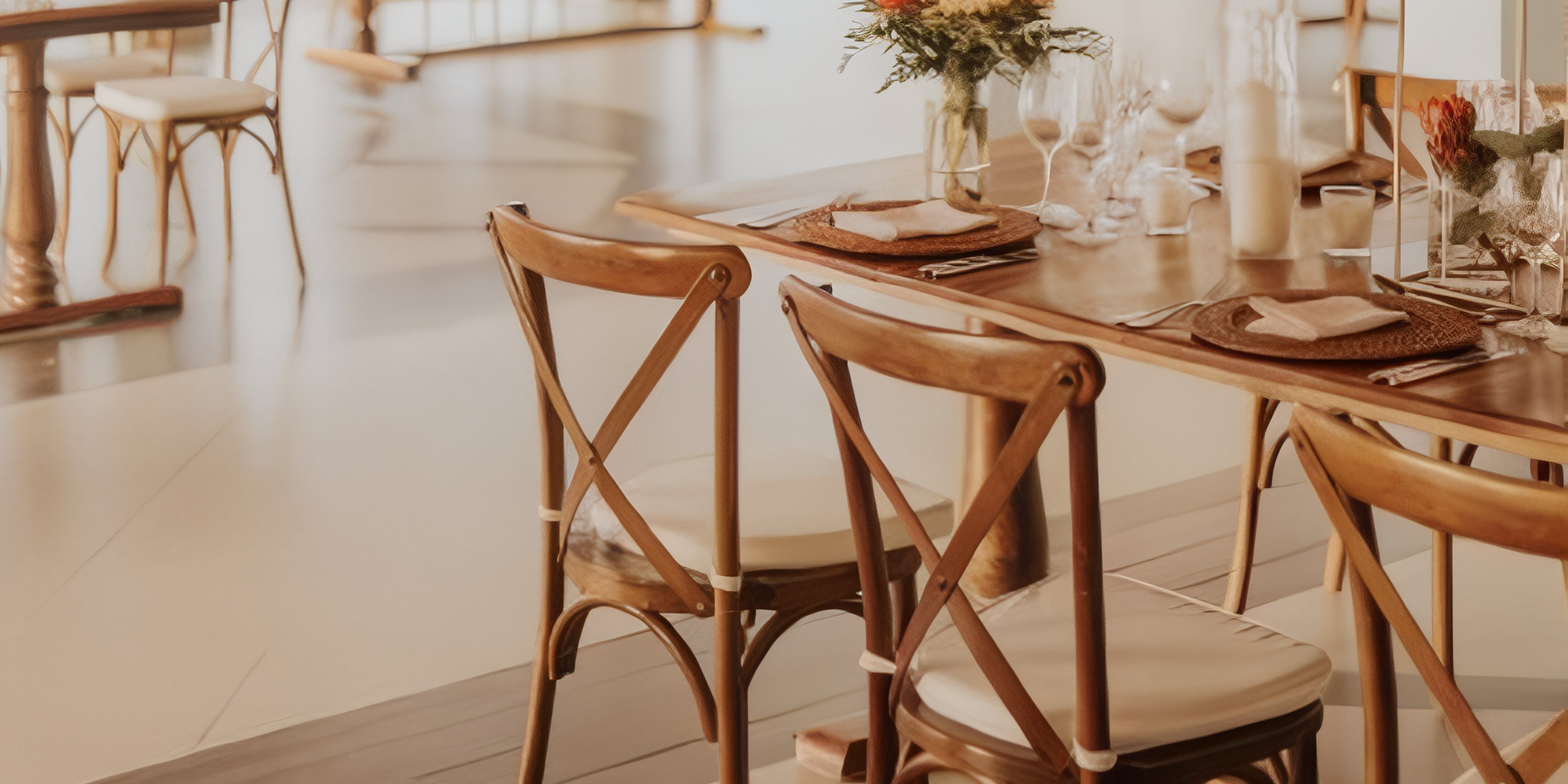 JOIA Rose Hall by Iberostar: bright wedding venue with wooden chairs, dining table, and floral centerpiece.