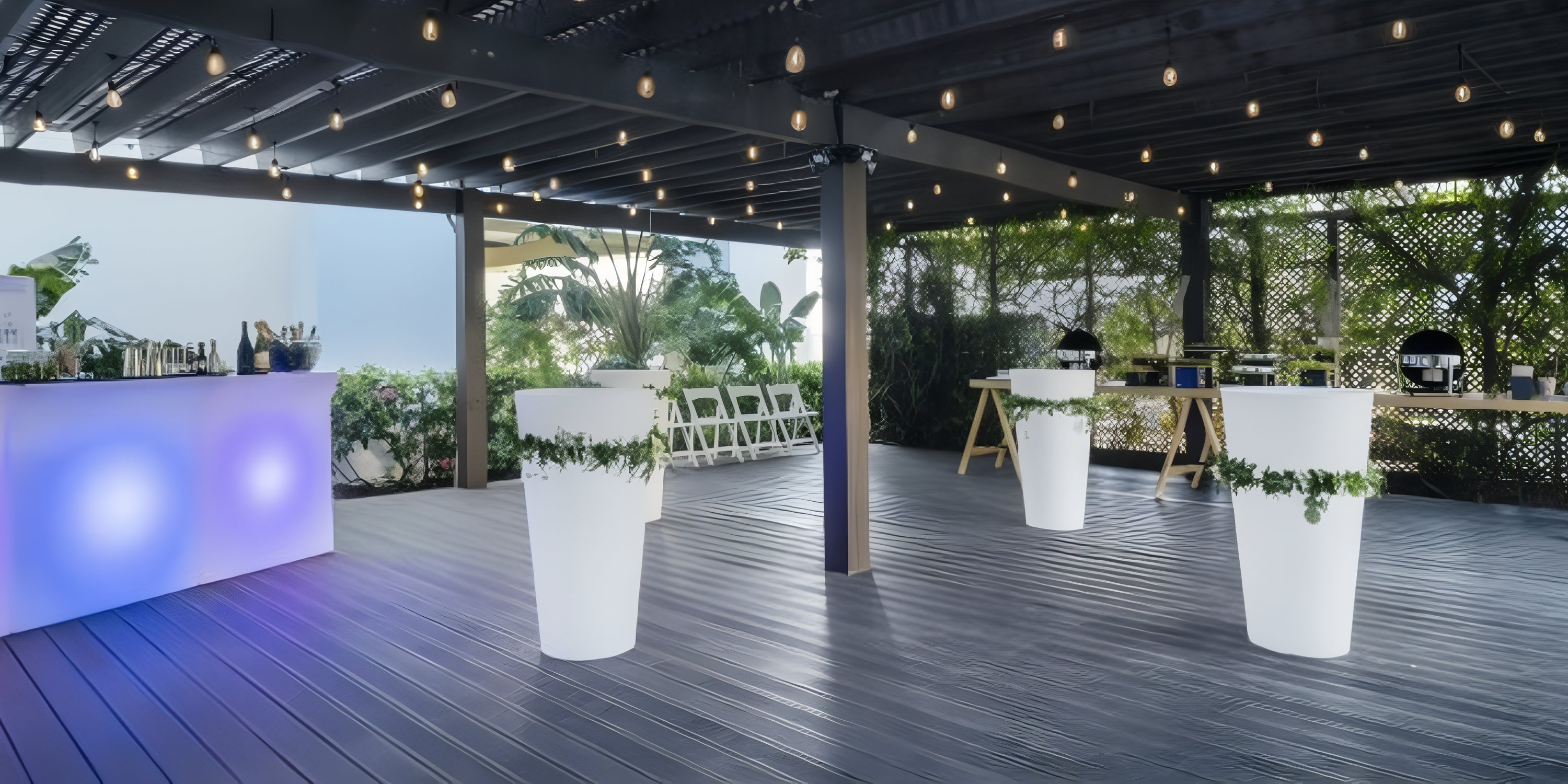 JOIA Rose Hall by Iberostar: stylish outdoor venue with high tables, string lights&mdash;ideal for weddings.