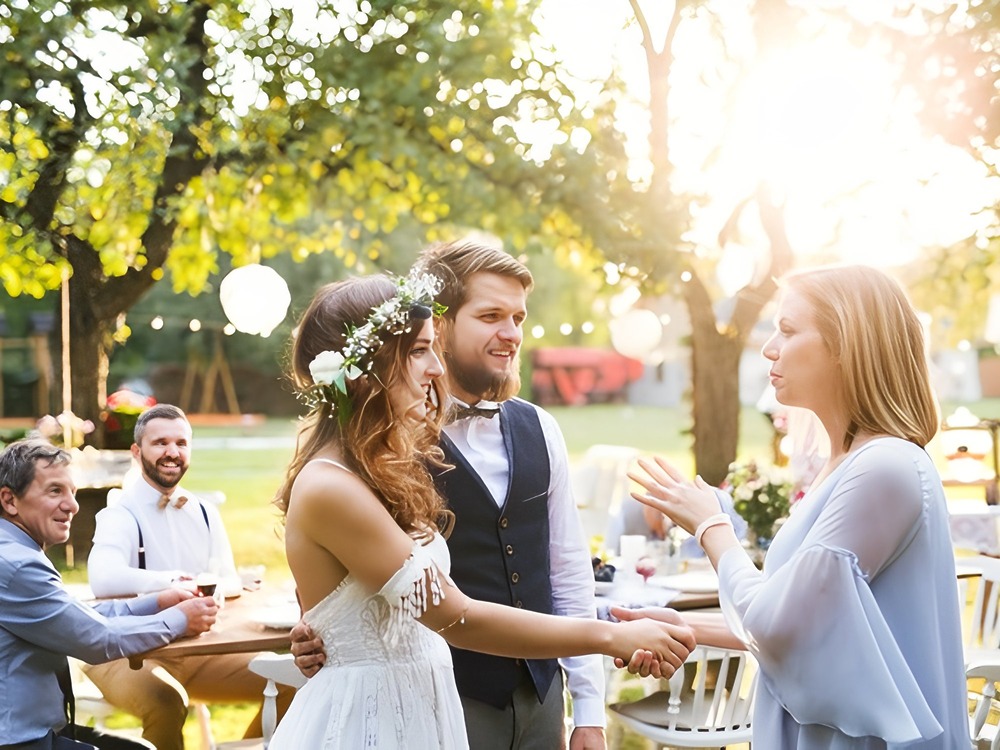 The bride and groom warmly greet a guest dressed in a stylish summer wedding guest dress at their sunny outdoor destination wedding reception.