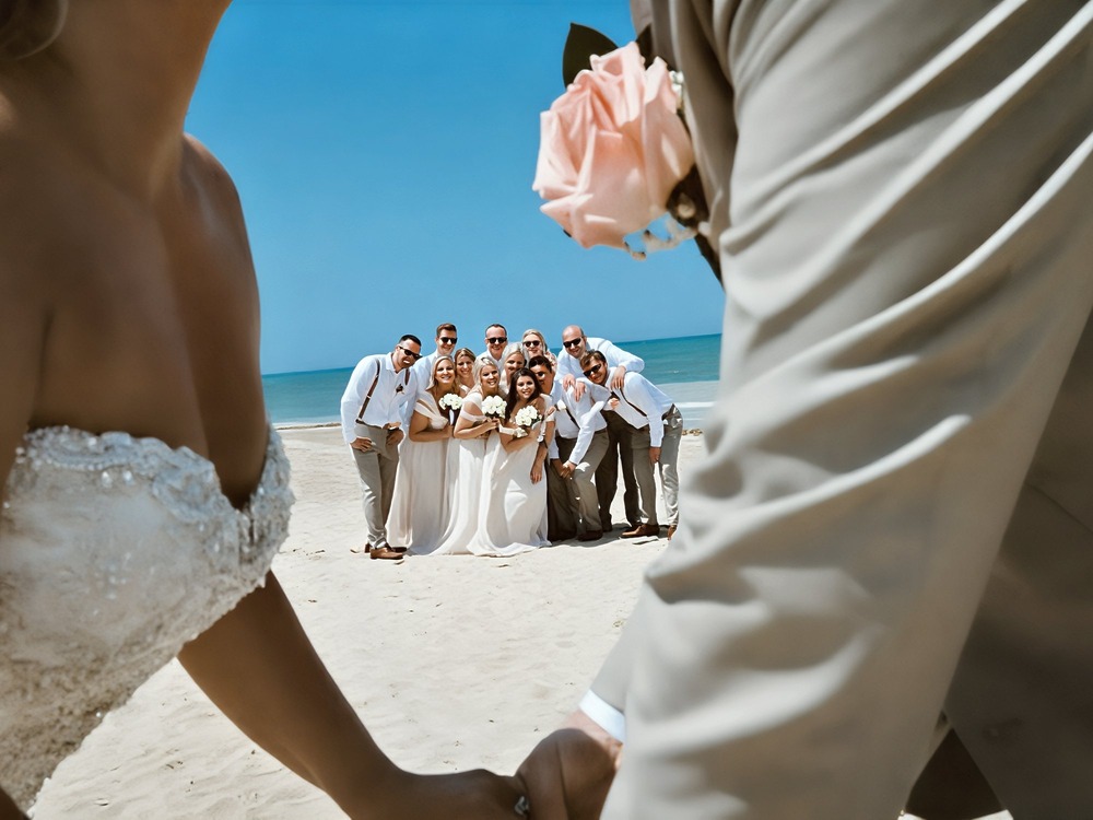 A must-capture destination wedding photo: the wedding party poses on the beach, beautifully framed by the couple holding hands.
