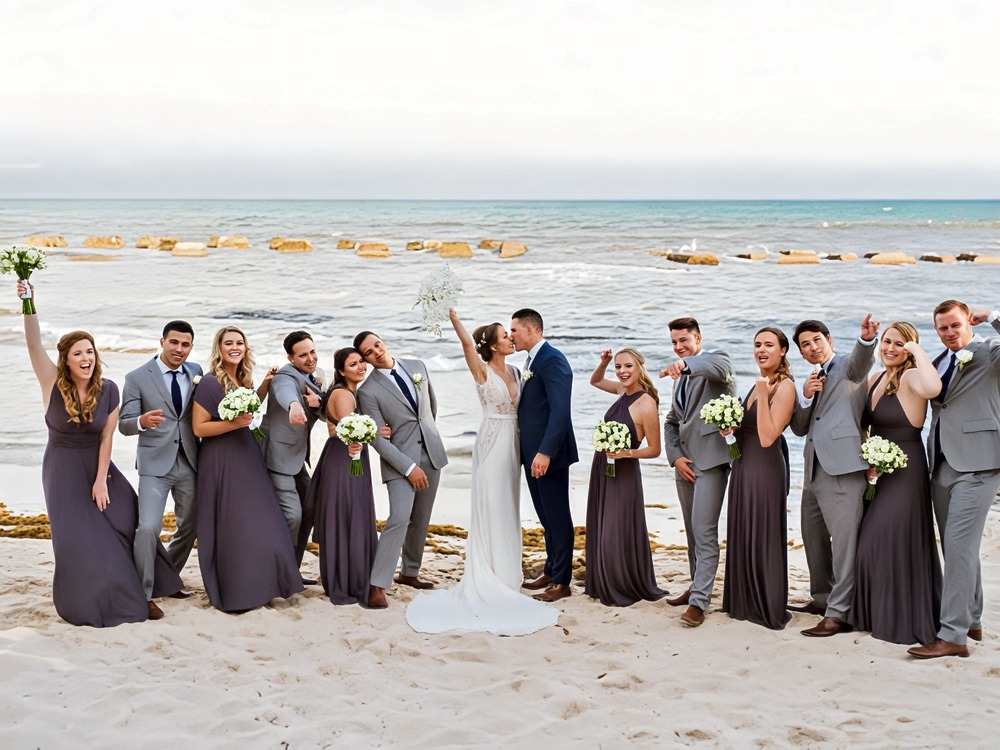 A must-have destination wedding photo: the bride and groom share a kiss while their wedding party celebrates together on the beach.