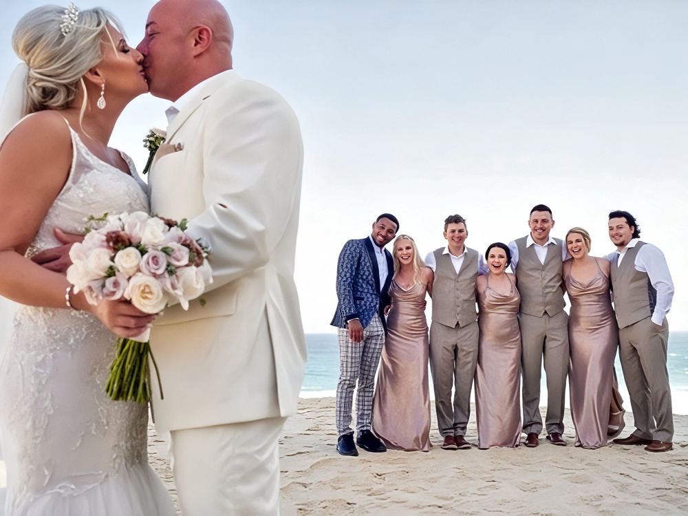 The bride and groom share a kiss on the beach, surrounded by their smiling wedding party behind them—a picture-perfect moment for any destination wedding album.