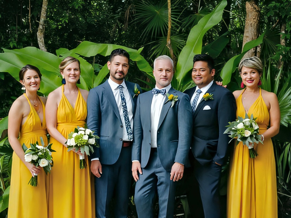 A classic destination wedding photo: three women in yellow dresses and three men in suits pose together outdoors.