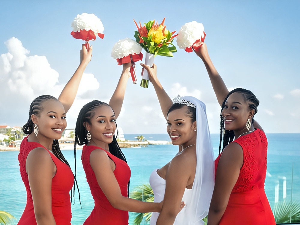 The bride in white and her bridesmaids dressed in red pose by the ocean—a picture-perfect moment for any destination wedding photo album.