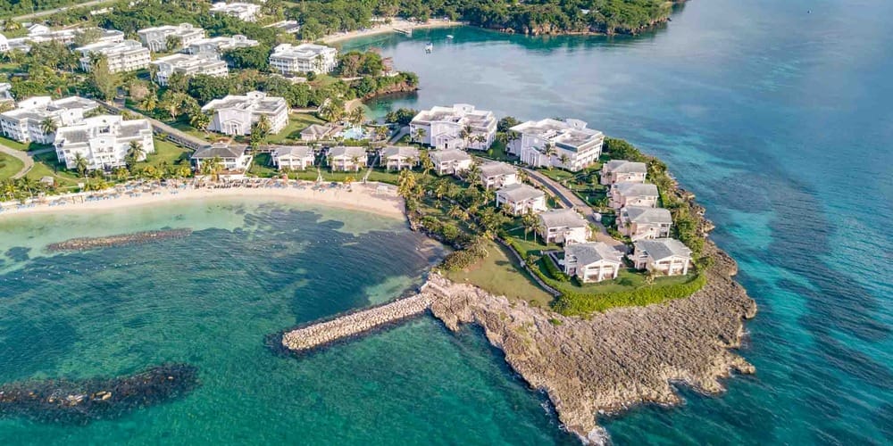 Aerial view of a waterfront resort, perfect for a destination wedding in Jamaica under $3,000.