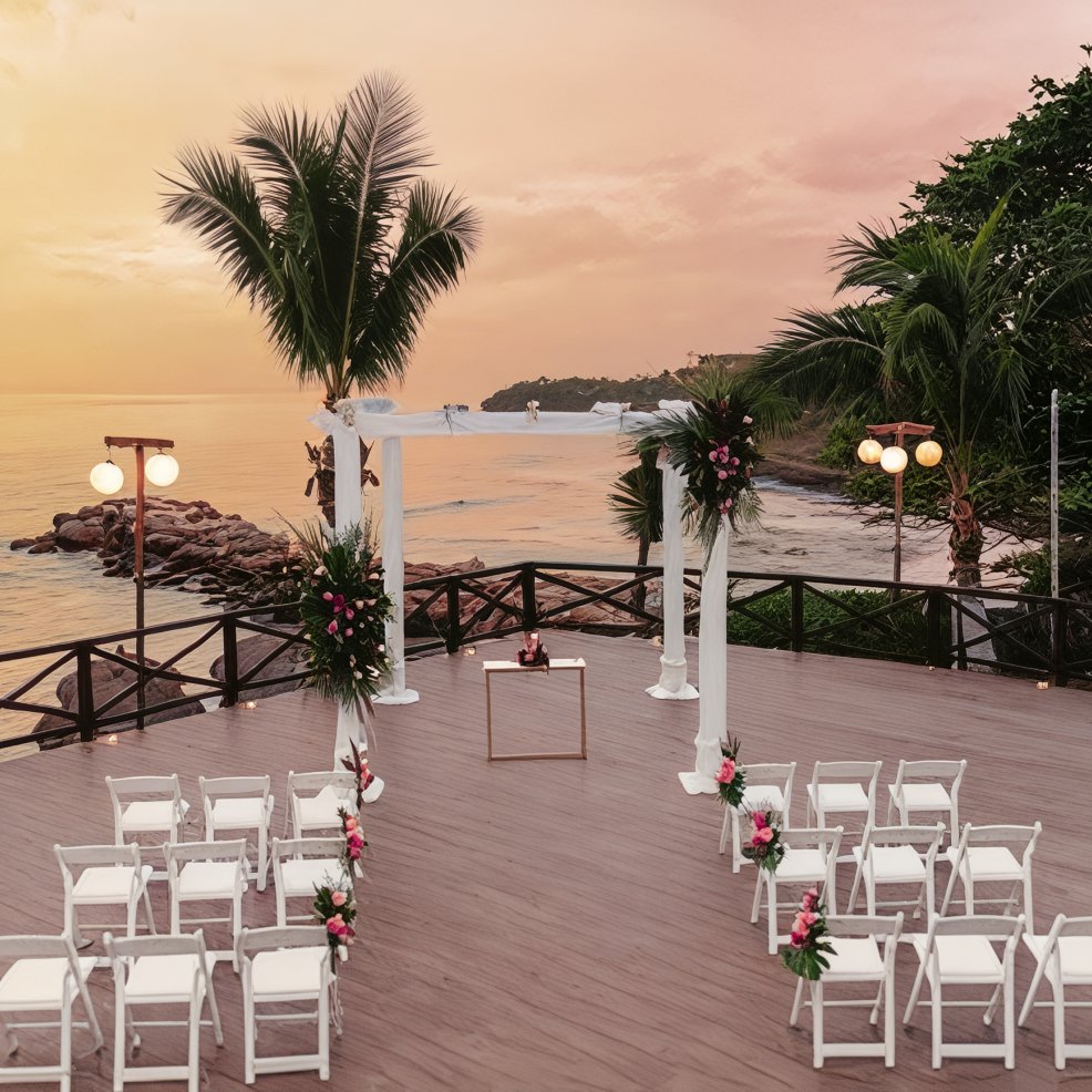 Destination wedding ceremony arranged by the ocean at sunset, featuring white chairs and floral decorations.