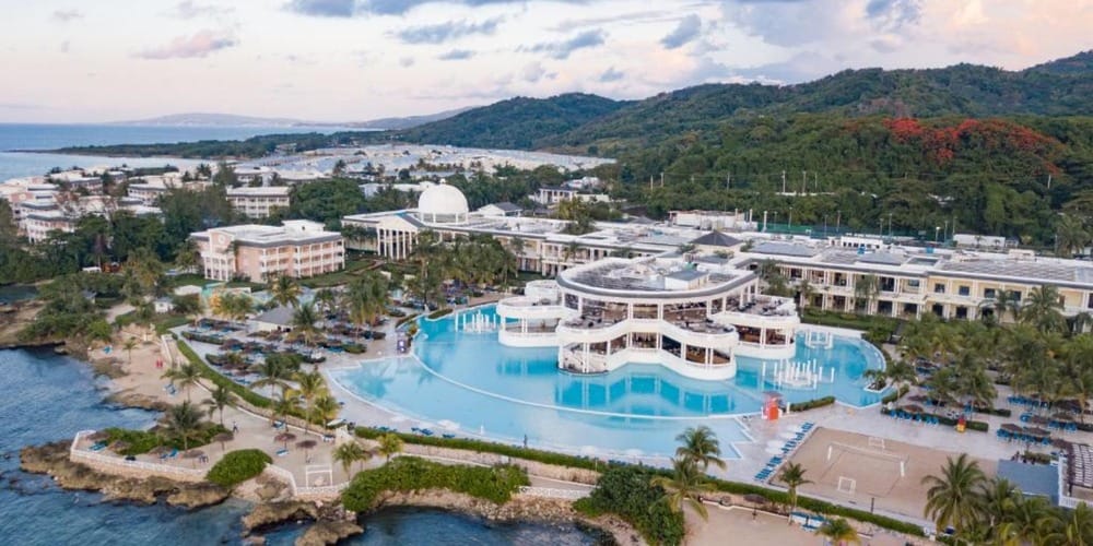 Aerial view of a spacious beachfront resort, perfect for affordable Jamaica destination weddings.