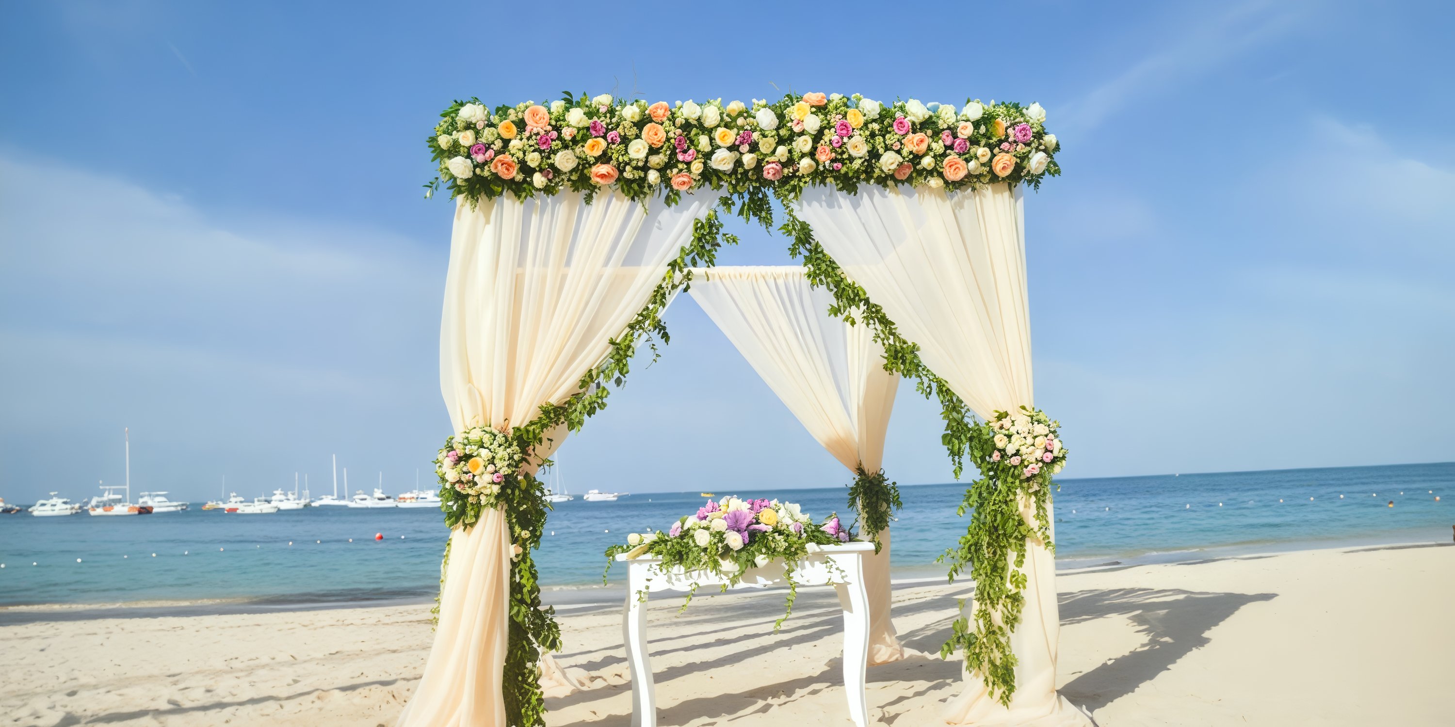 A wedding arch at Lopesan Costa Bavaro graces a sandy beach, offering breathtaking sea views with boats gently floating in the background, perfect for a destination wedding.