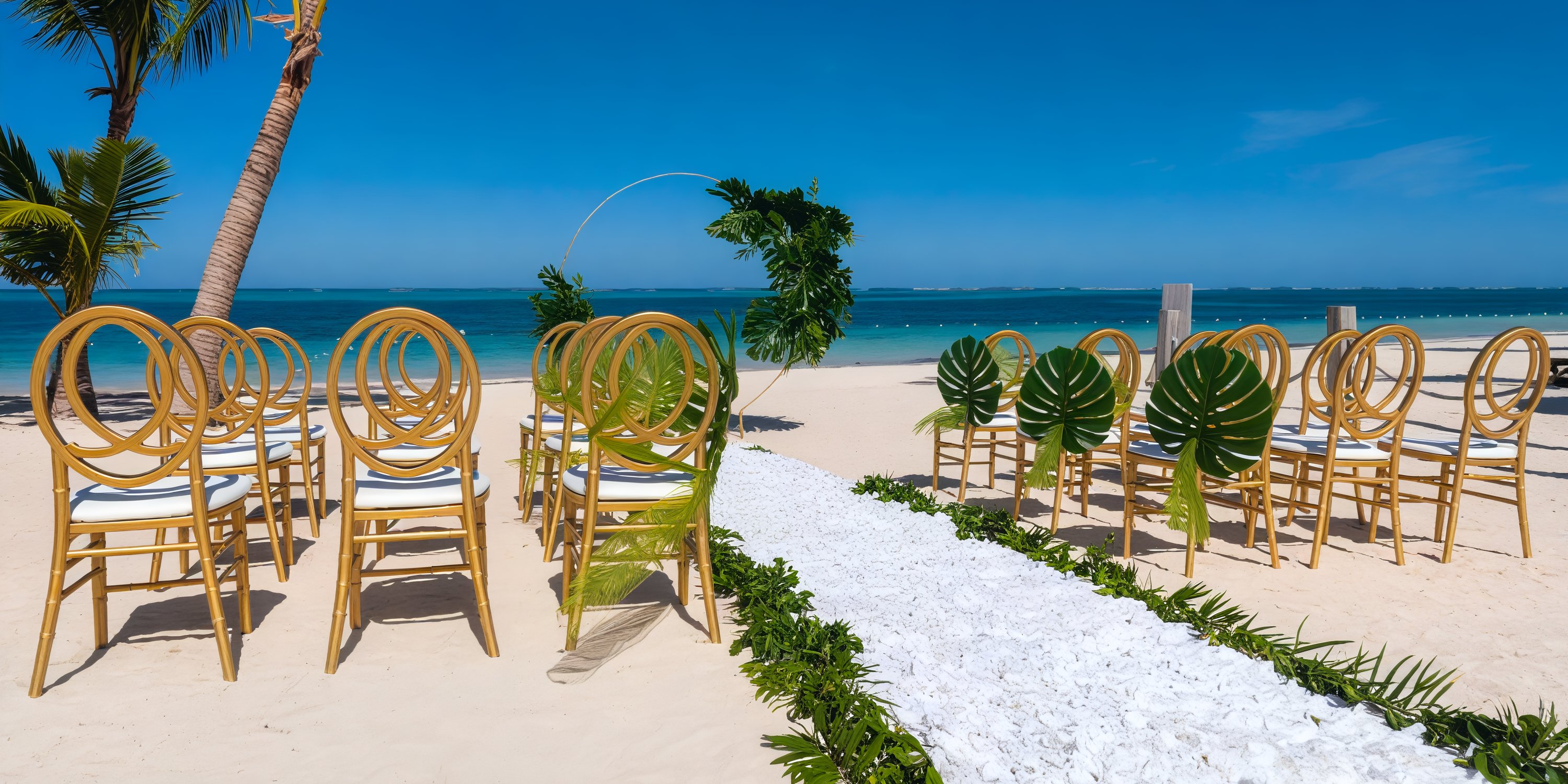 Lopesan Costa Bavaro provides an enchanting destination wedding setup, complete with seating, lush greenery, and a stunning ocean backdrop.