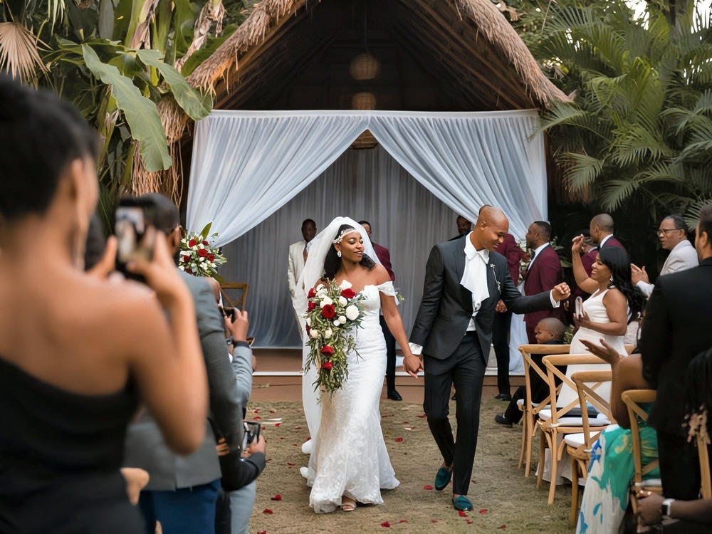 The bride and groom make their way down the aisle at a breathtaking destination wedding ceremony.