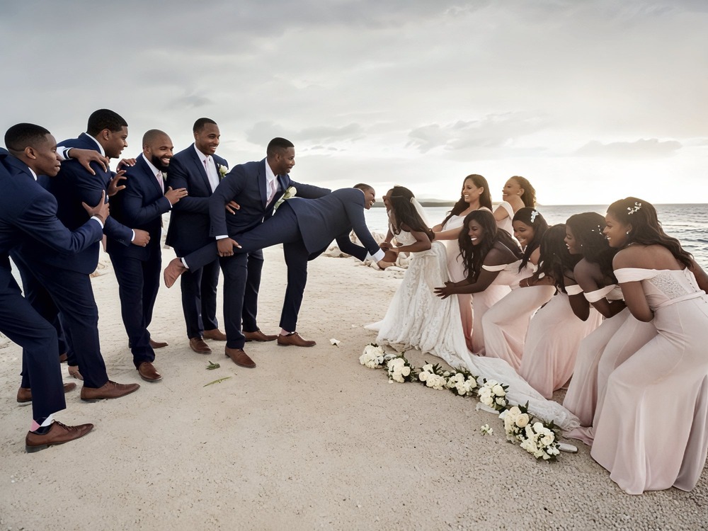The groomsmen and bridesmaids strike playful poses with the bride and groom at a dreamy destination wedding.