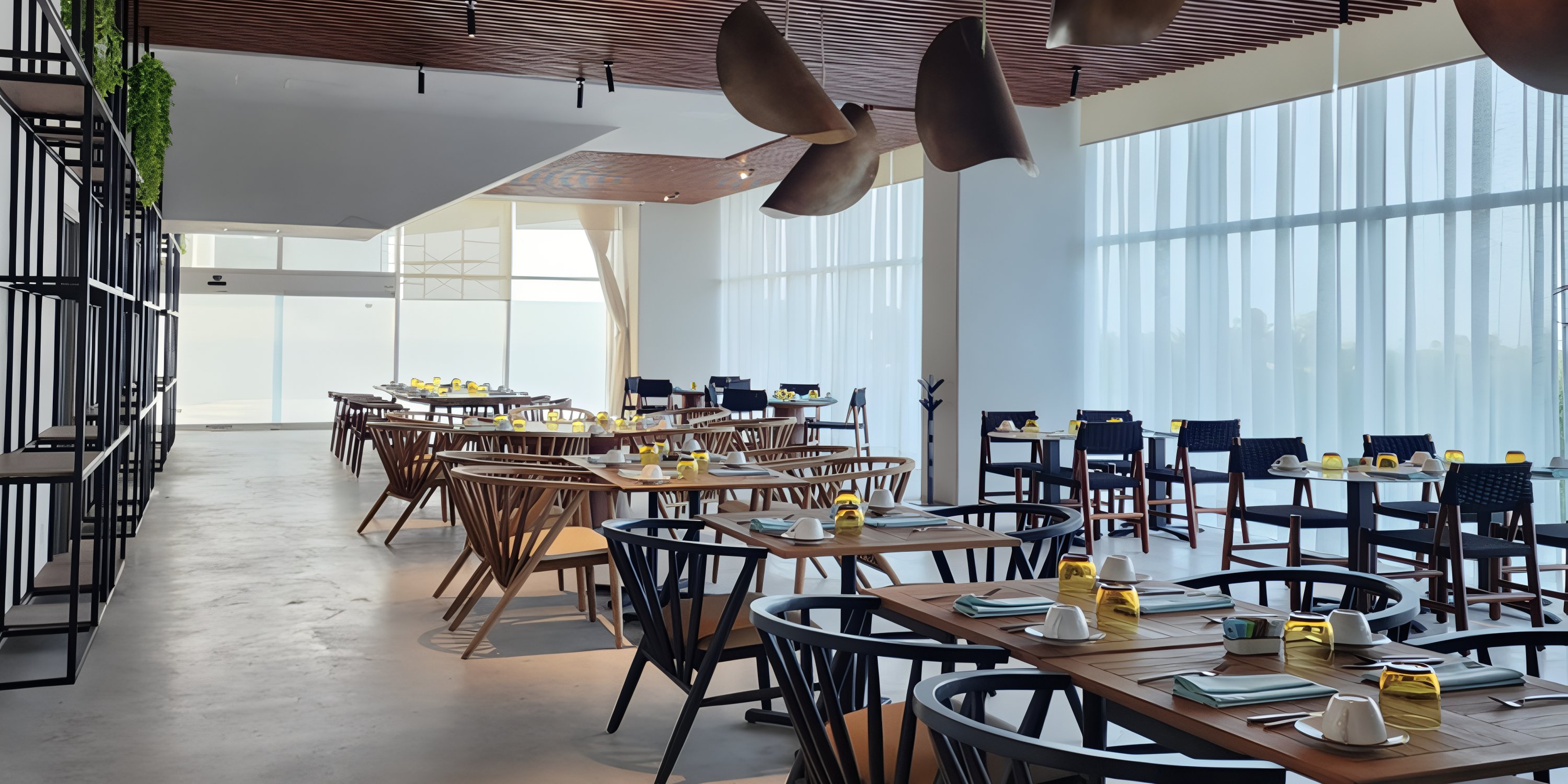 Hyatt Vivid Grand Island: Elegant dining area with wood tables, ideal for destination wedding events.