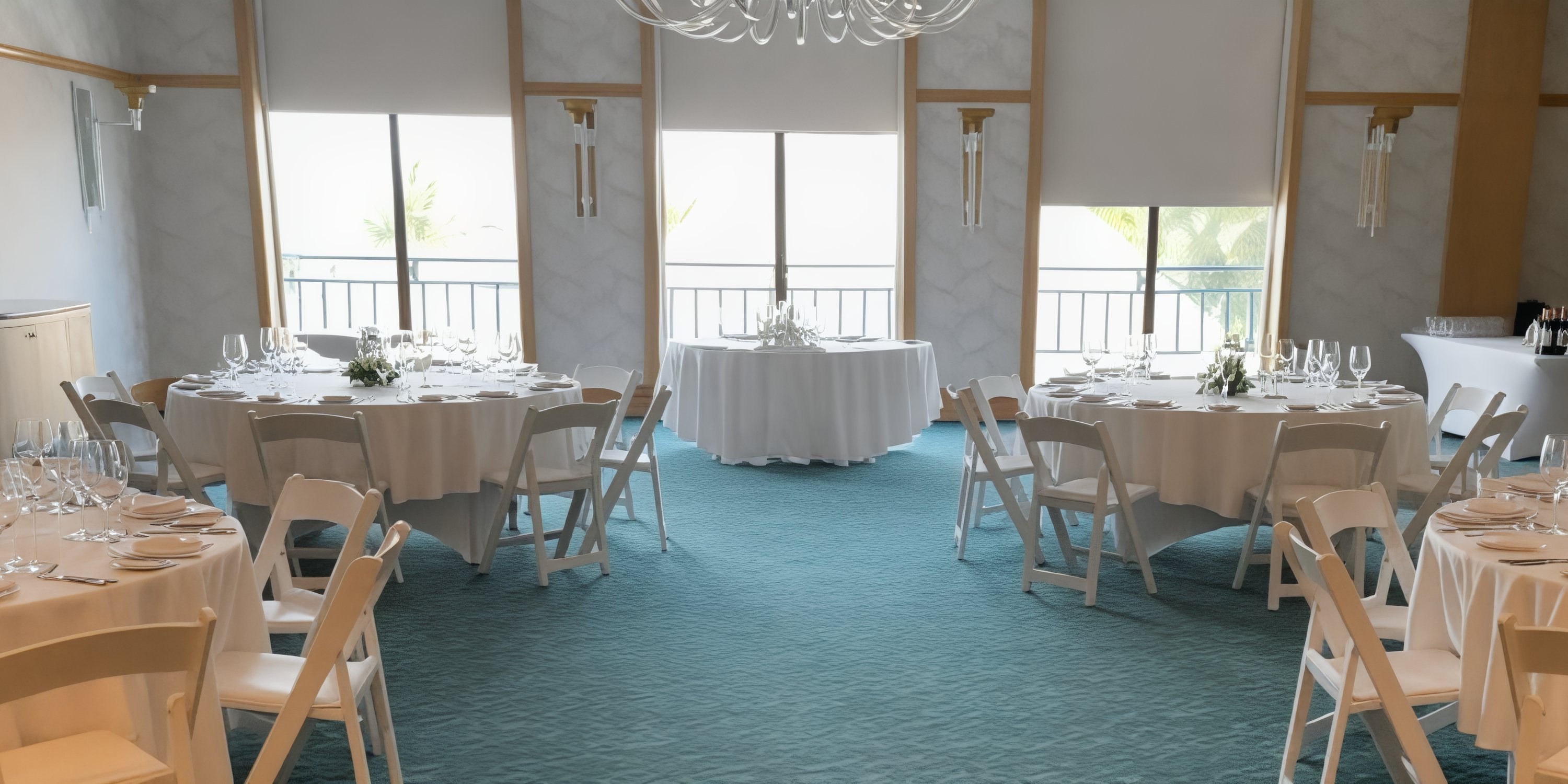 Wedding banquet hall at Margaritaville Island Reserve Resort featuring round tables and expansive windows, perfect for your dream destination wedding.