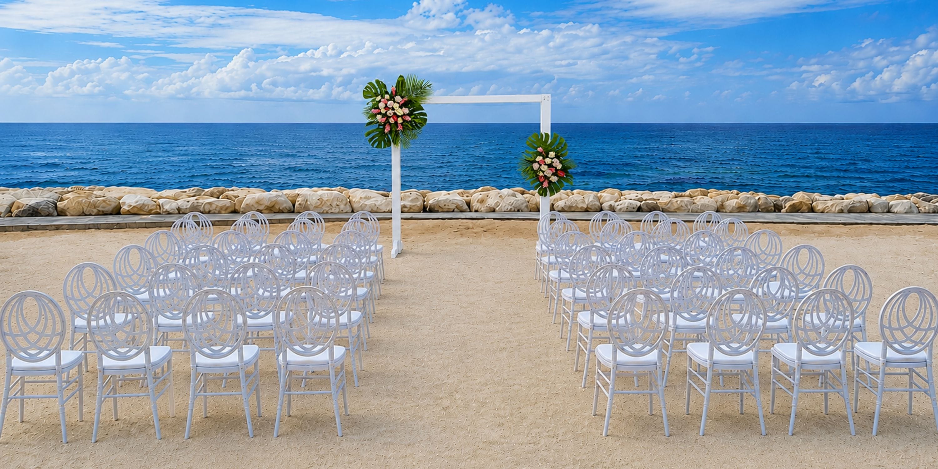 White chairs line up for a destination wedding by a floral arch on Princess Grand Jamaica’s beach.