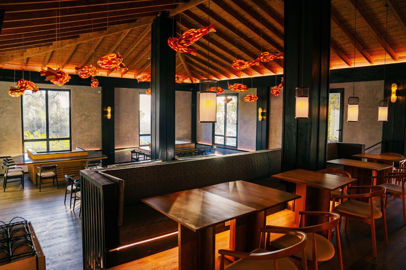 Secrets St Lucia offers a modern interior, perfect for a destination wedding, with wood tables and unique lighting.