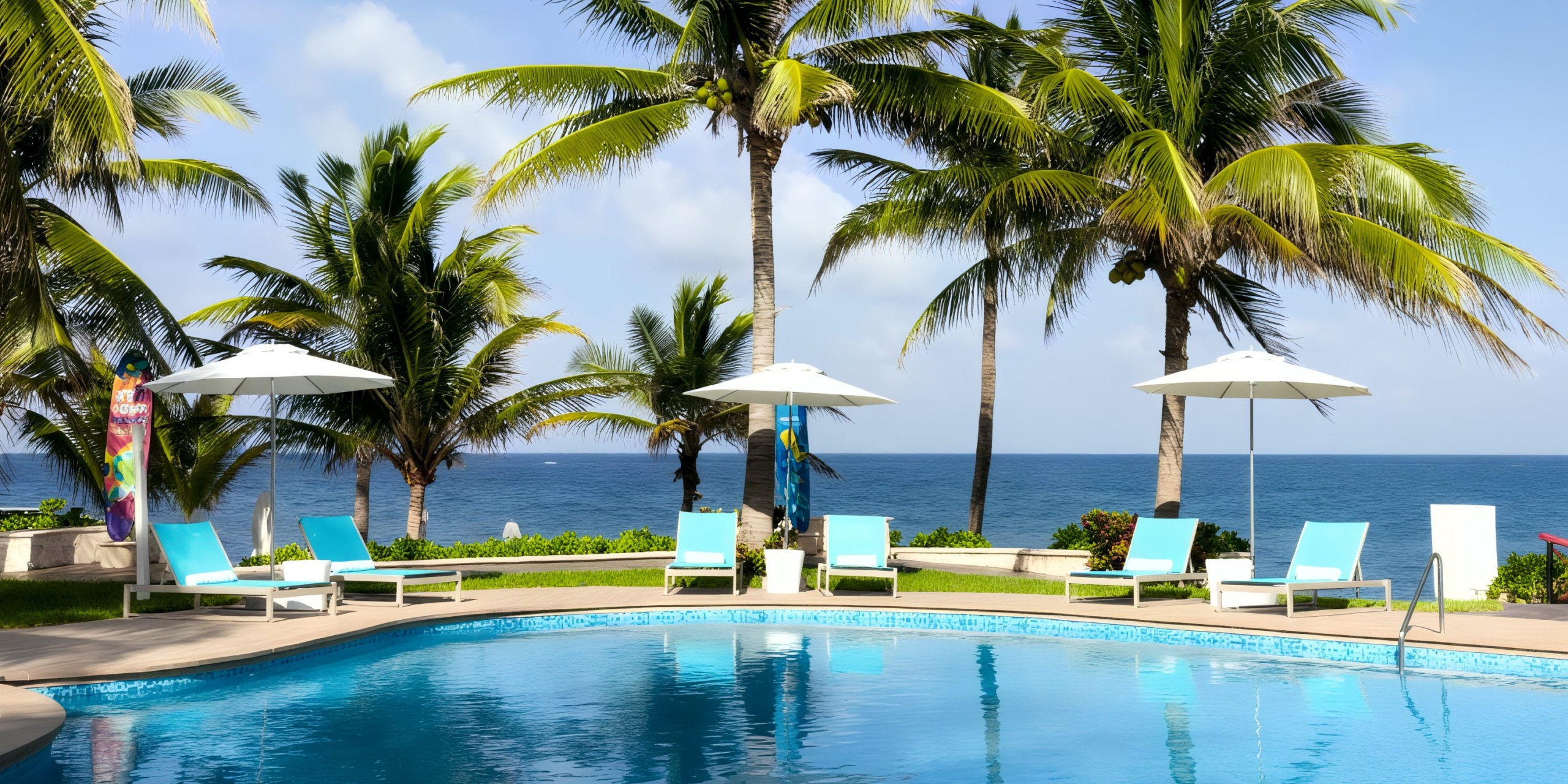 At the Margaritaville Island Reserve Resort Riviera Cancun, a swimming pool surrounded by palm trees and lounge chairs offers stunning ocean views under clear blue skies, complete with sun umbrellas for shade.