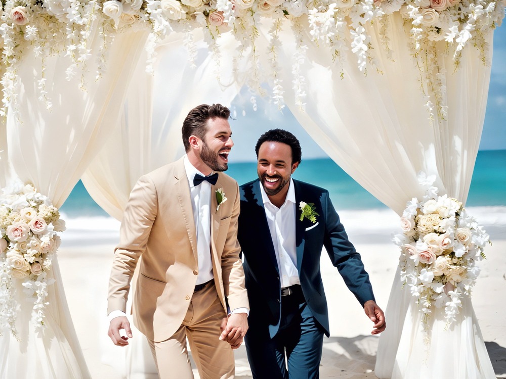 Two men in suits smile beneath a floral arch at a stunning destination wedding ceremony.