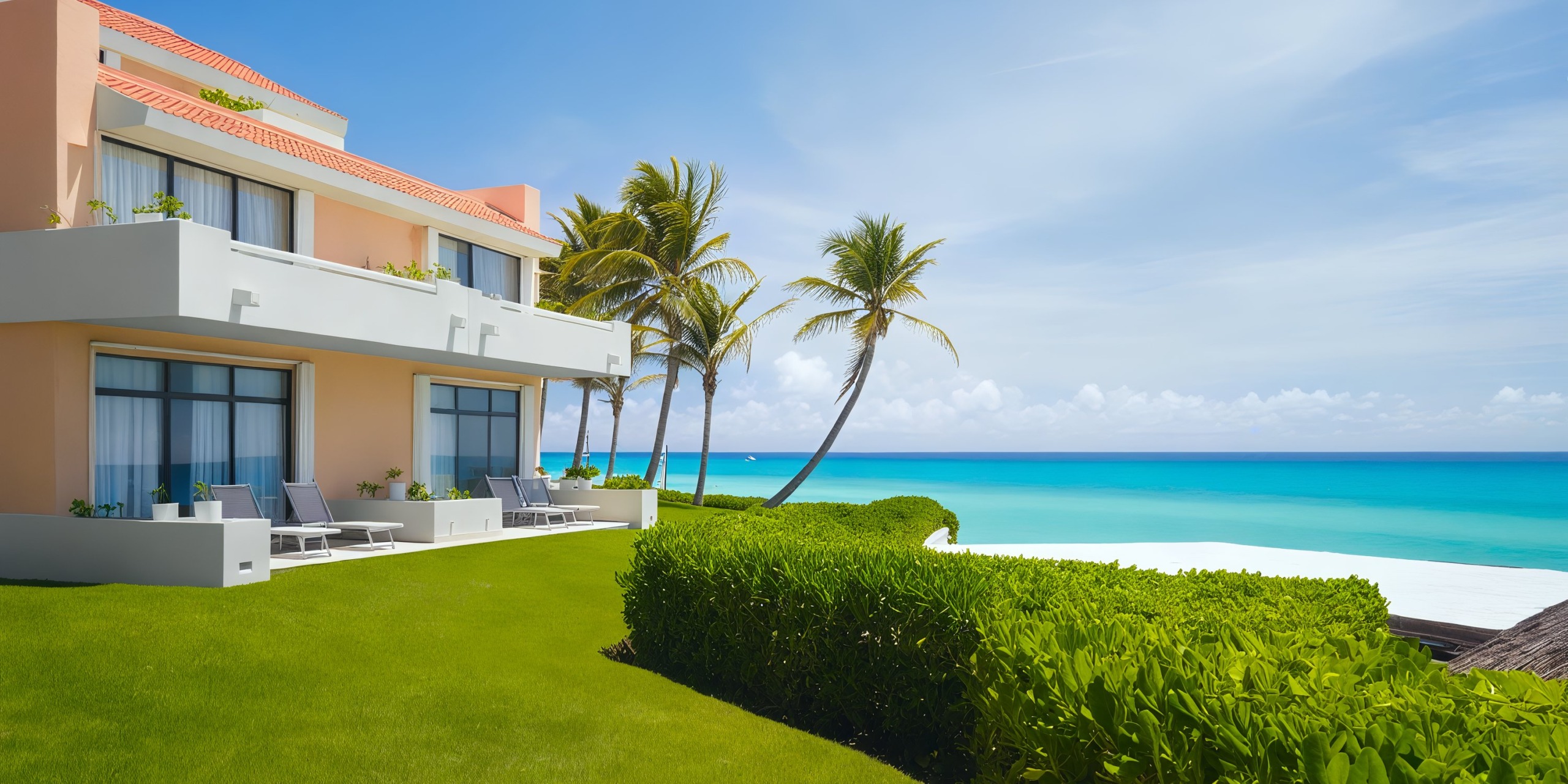 Wyndham Grand Cancun offers beachfront property featuring palm trees, a manicured lawn, and breathtaking ocean views under a clear blue sky.
