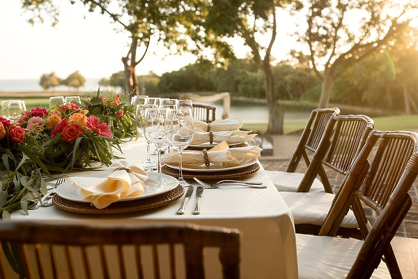 Casa De Campo table adorned with a floral centerpiece and elegantly arranged settings, basking in the warm glow of sunset light—a perfect scene for a destination wedding.