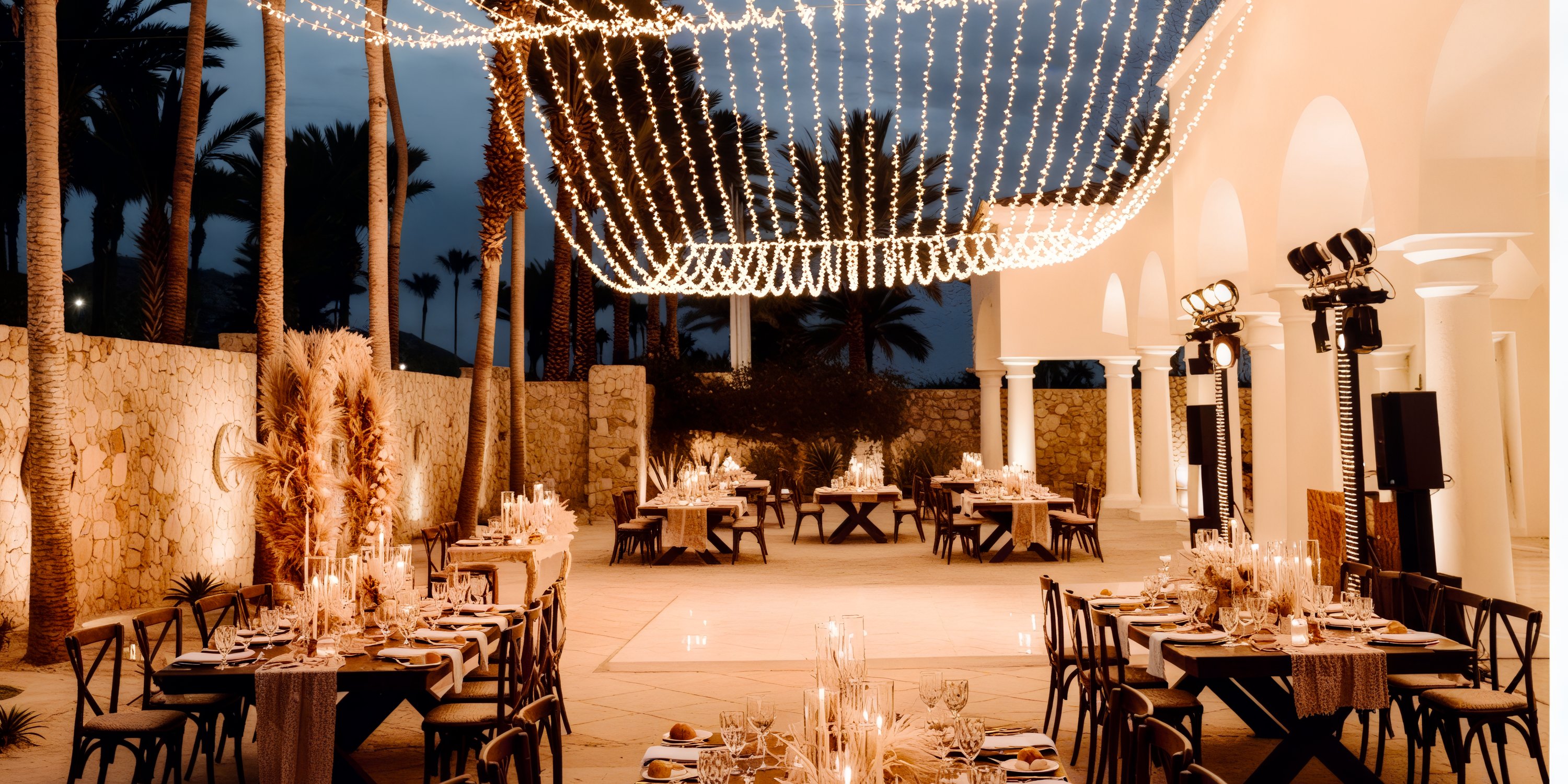 An outdoor dining area perfect for a destination wedding, featuring tables elegantly decorated under an arched canopy adorned with string lights.