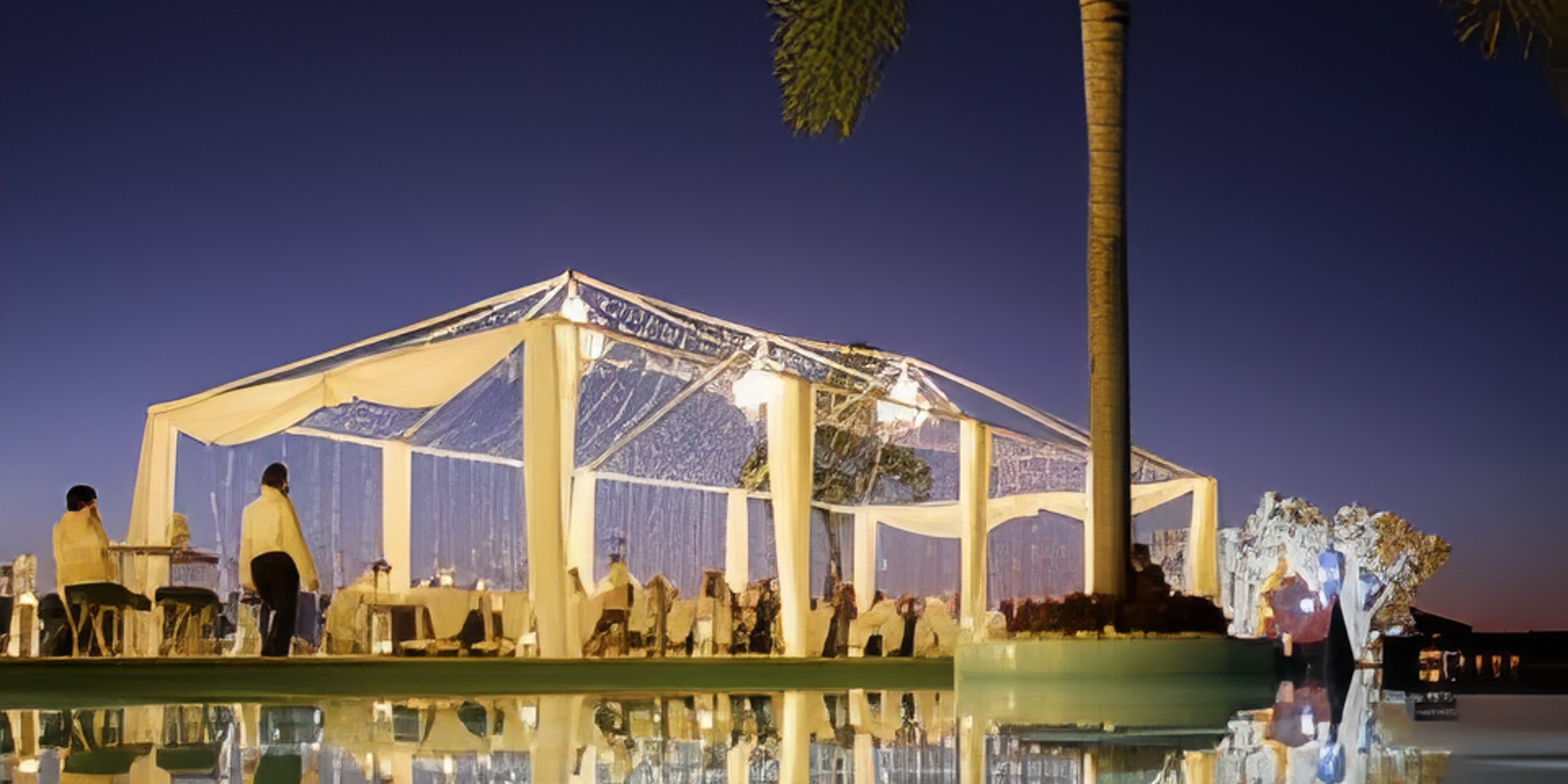 Experience unforgettable outdoor sunset dining by the pool and palm trees at Hilton Vallarta Riviera All-Inclusive Resort—an ideal setting for your destination wedding celebration.