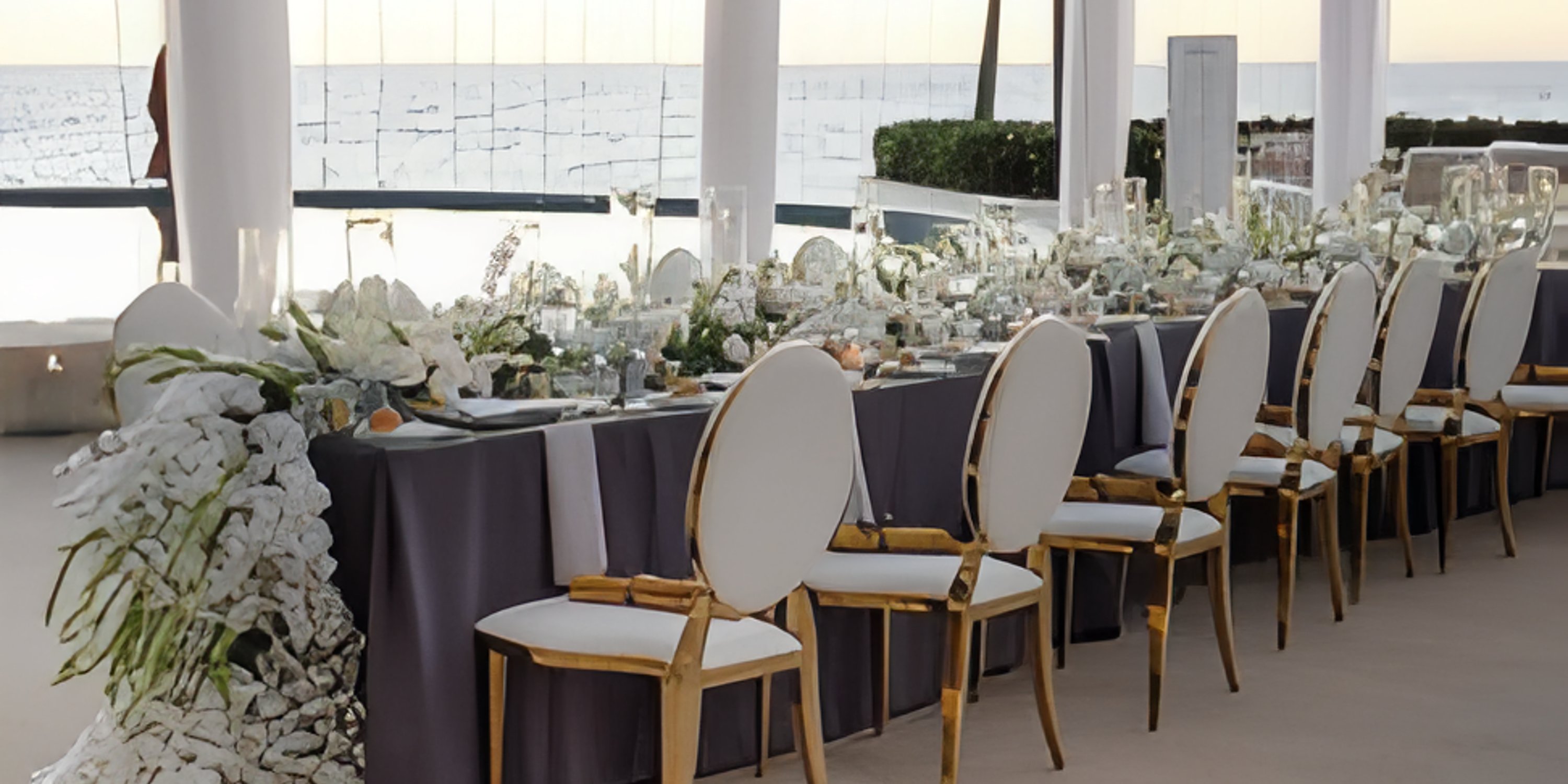 Elegant outdoor wedding banquet featuring lush floral decor and white chairs at the Hilton Vallarta Riviera All-Inclusive Resort, the perfect destination wedding venue.