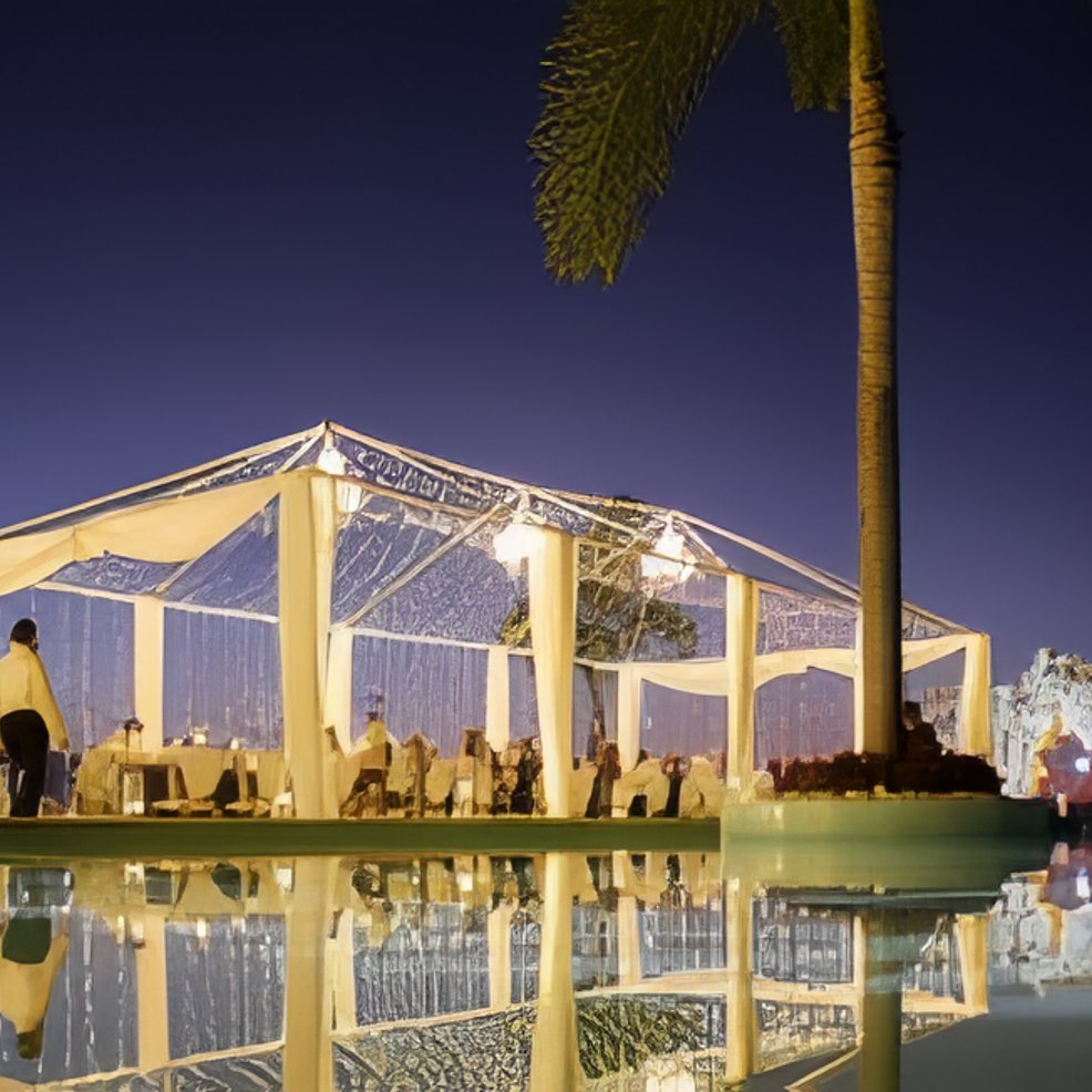 Under the glowing tent lights at the Hilton Vallarta Riviera Resort, guests gather poolside for a magical nighttime destination wedding celebration.
