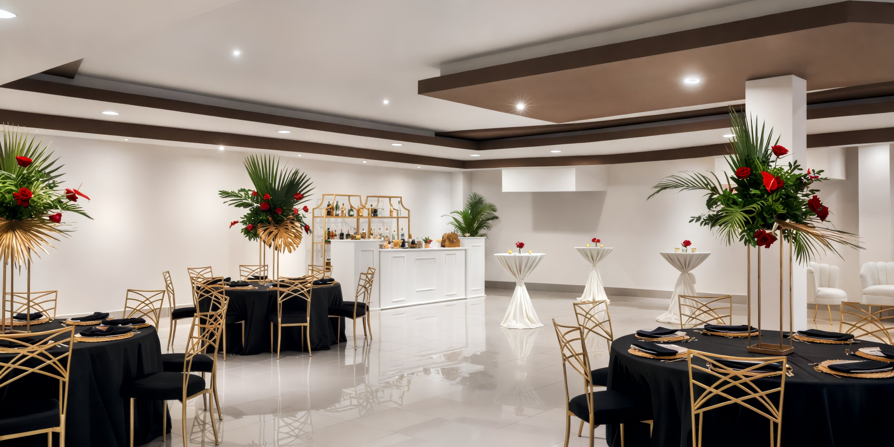 Experience an elegant wedding space at Sunscape Coco Punta Cana, featuring chic black and gold decor, towering floral arrangements, and a stylish bar counter.