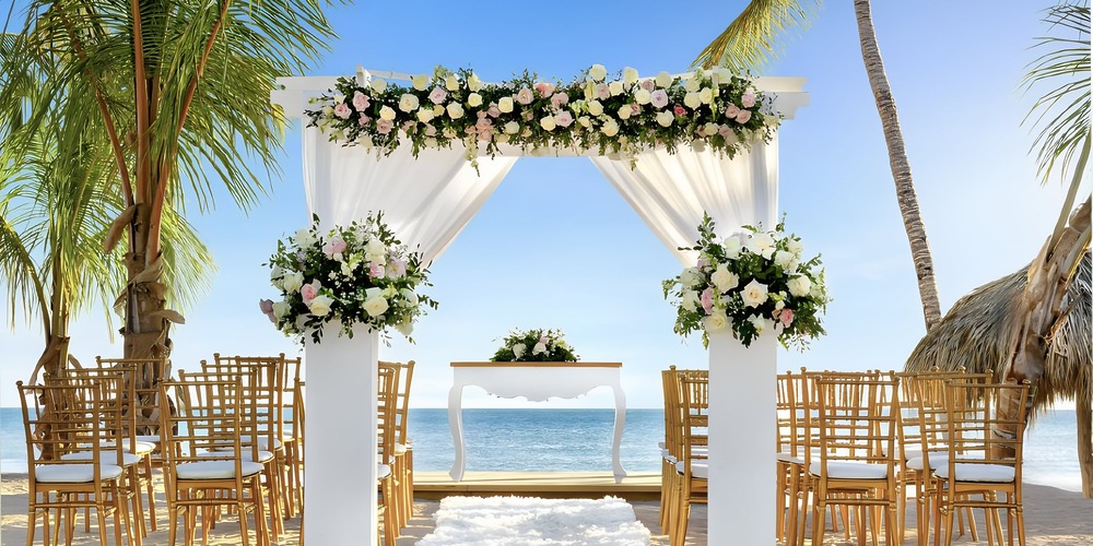 Sunscape Coco Punta Cana: destination wedding altar by the ocean with white drapery, flowers, and guest seating.