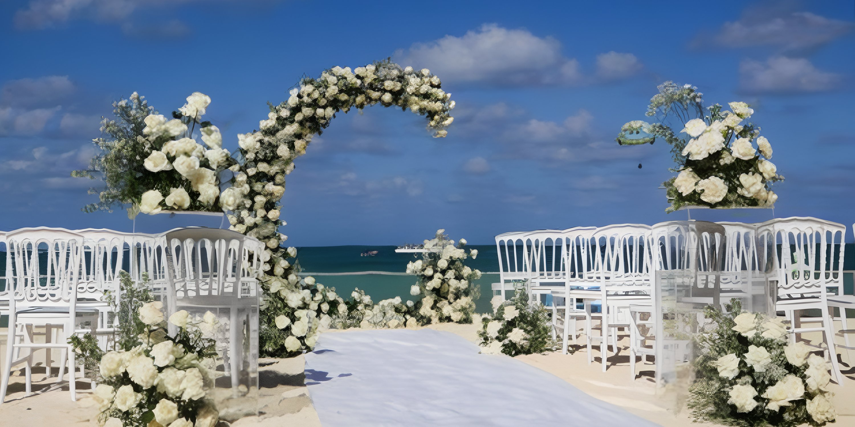 White chairs and floral arch set up for a destination wedding at Sunscape Coco Punta Cana, blue sky above.