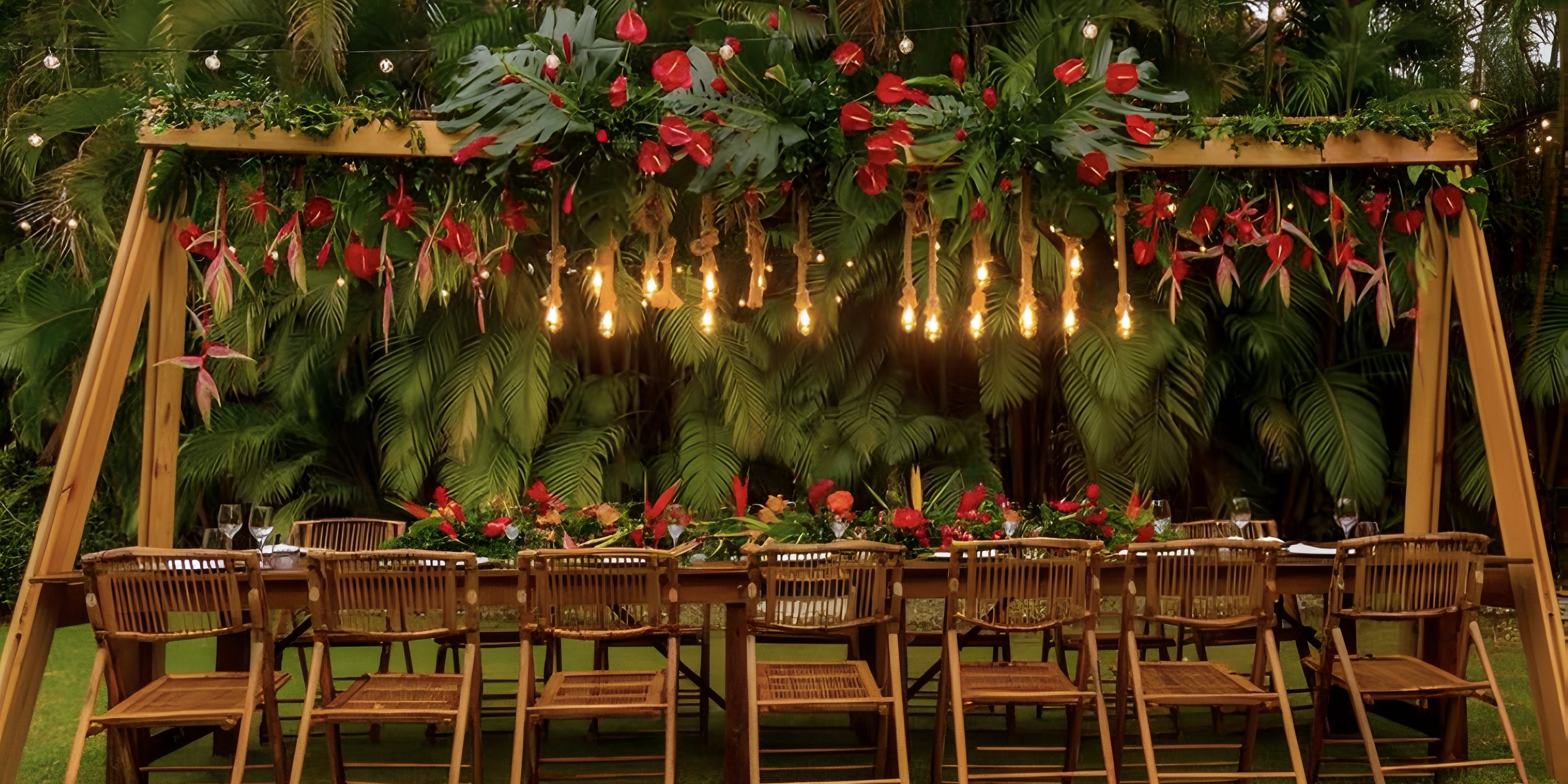 Sunscape Coco Punta Cana: romantic outdoor wedding dining with wooden chairs, floral decor, and hanging lights.