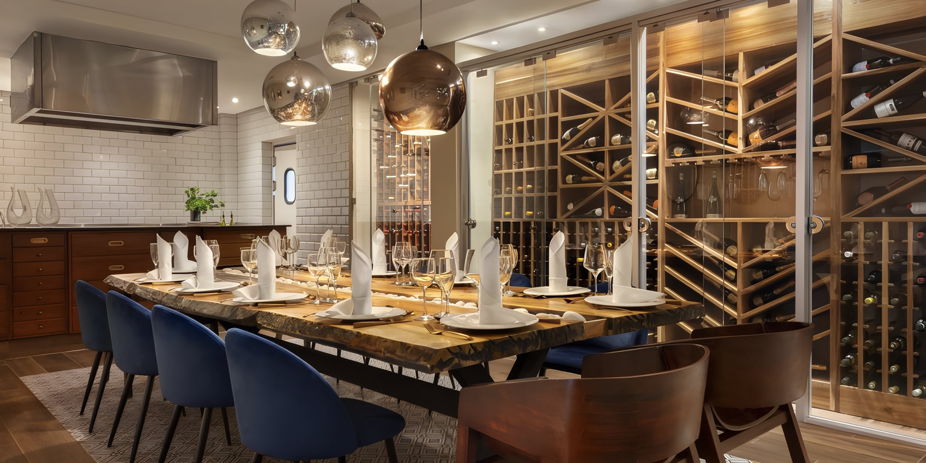 Modern dining room at Sunscape Coco Punta Cana, perfect for a destination wedding, with blue chairs and a wall-mounted glass wine rack.