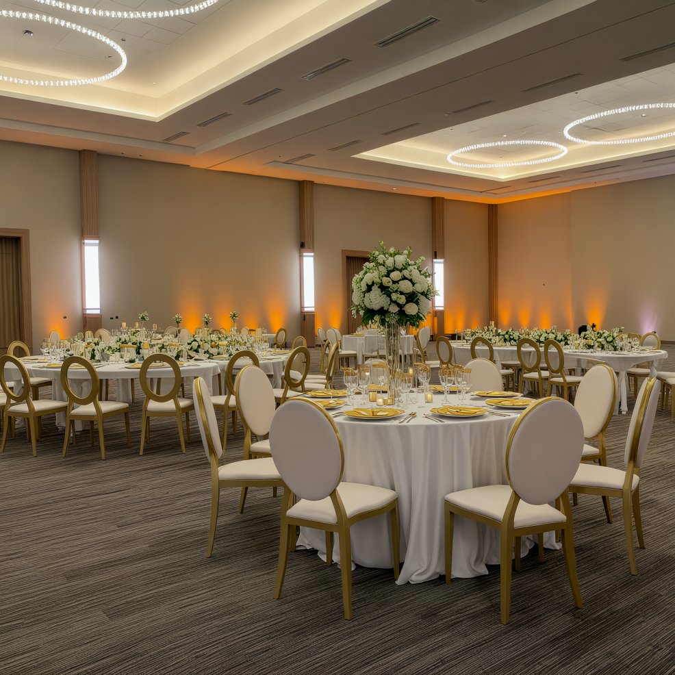 The elegant banquet hall is beautifully arranged for a wedding, featuring round tables draped in white tablecloths and adorned with floral centerpieces—perfect for a stylish destination wedding celebration.