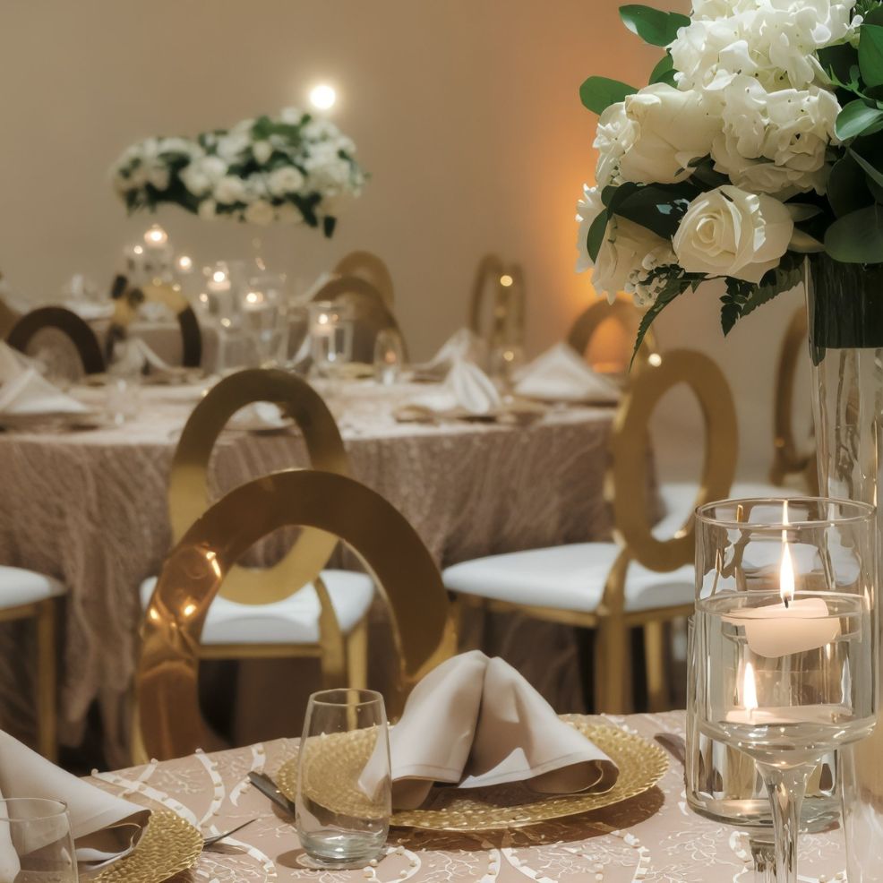 An elegant wedding table setting features white floral arrangements, gold chairs, and candlelit centerpieces.
