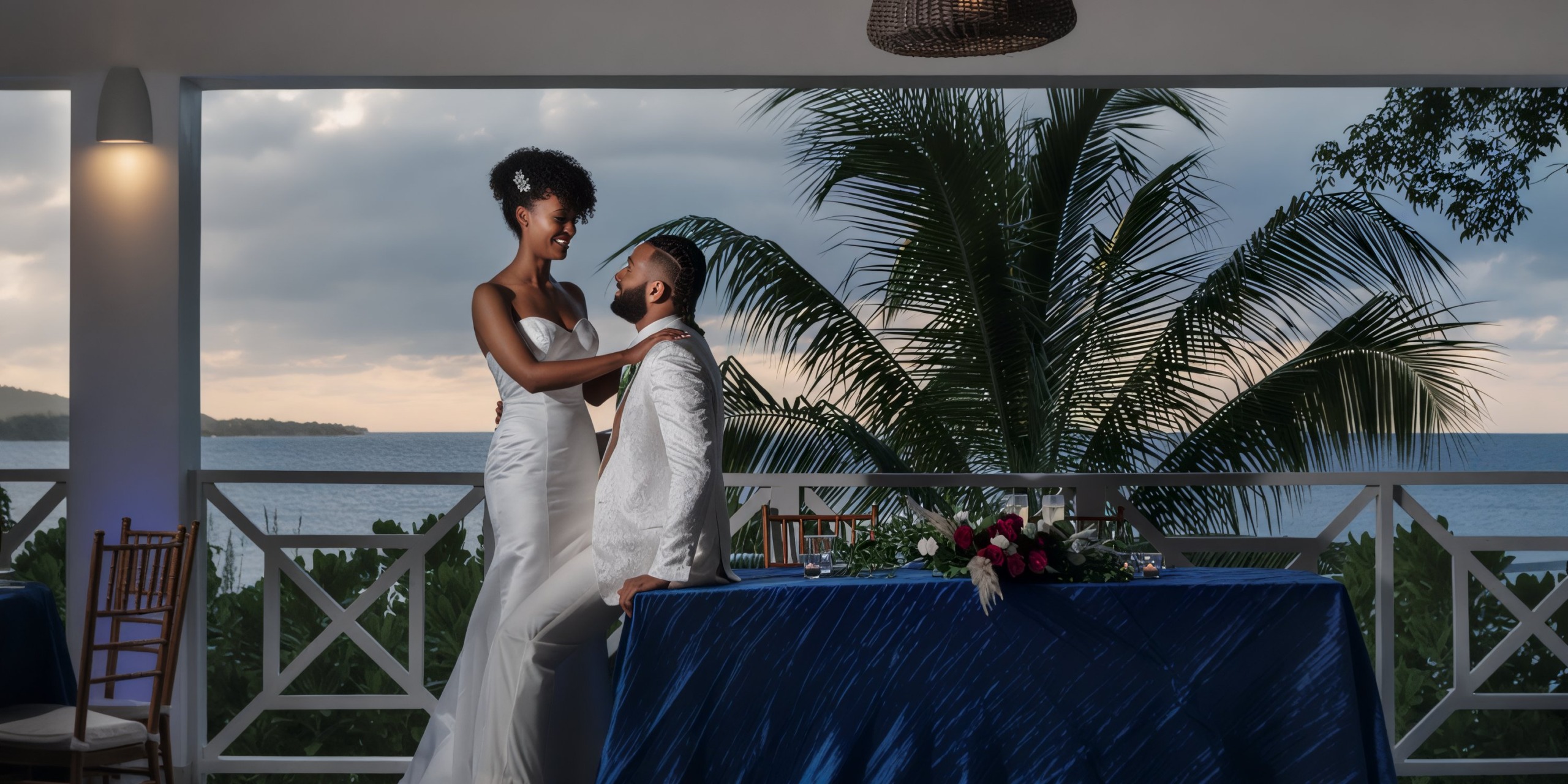 A couple in elegant white wedding attire poses beside a table with the ocean and palm trees creating a stunning backdrop, perfect for a destination wedding.