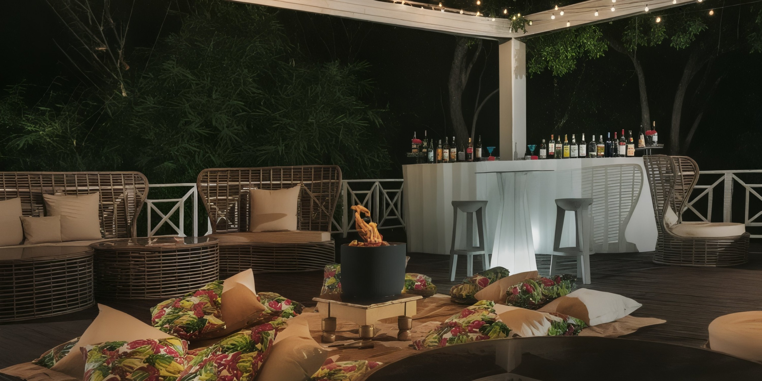 An enchanting outdoor lounge perfect for a destination wedding, featuring wicker furniture adorned with colorful cushions and a well-stocked bar on a wooden deck under the night sky.