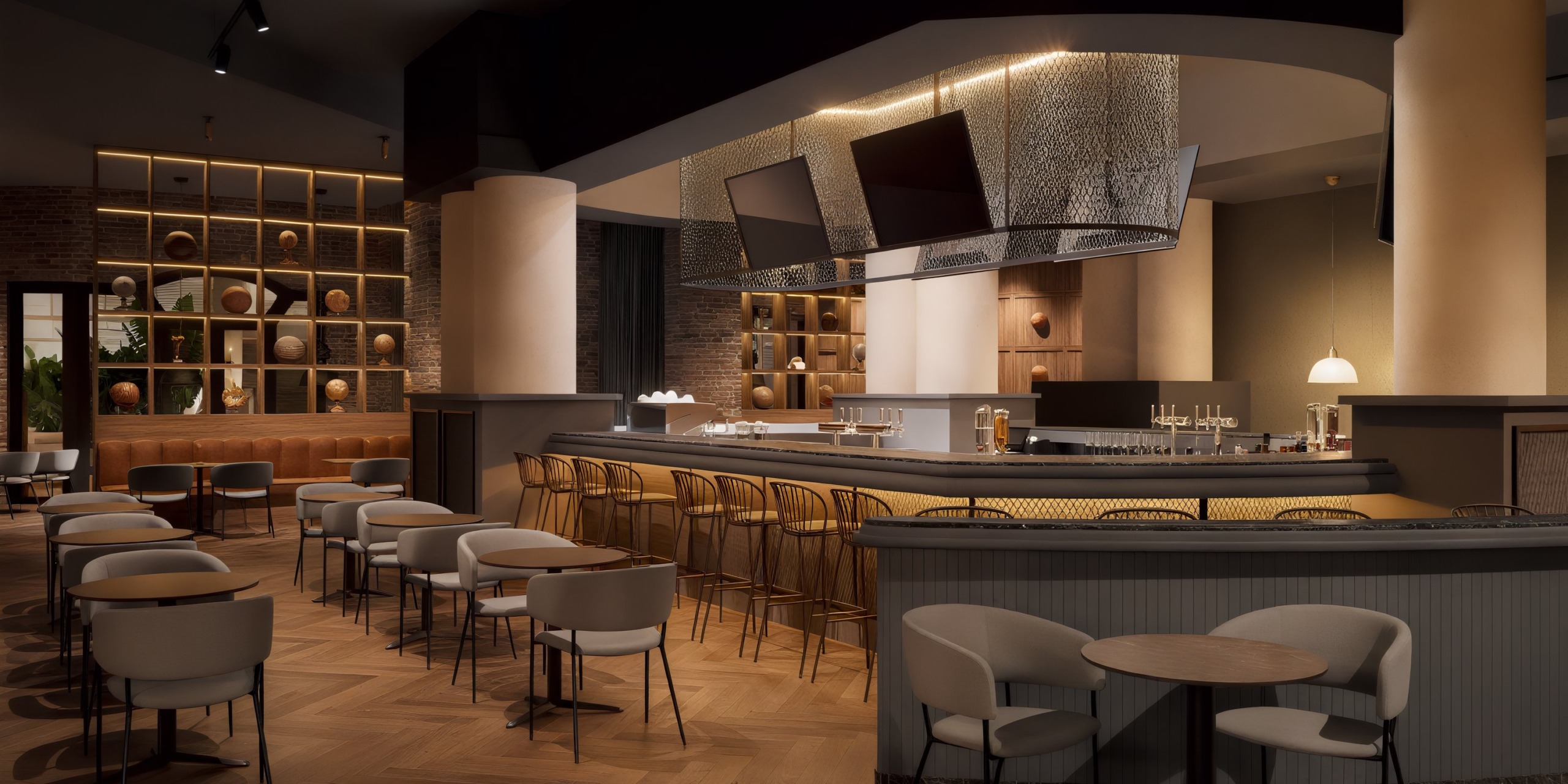 The interior of Wyndham Alltra Punta Cana features a central bar with stool seating, surrounded by tables. Warm lighting and decorative shelves add to the inviting atmosphere.