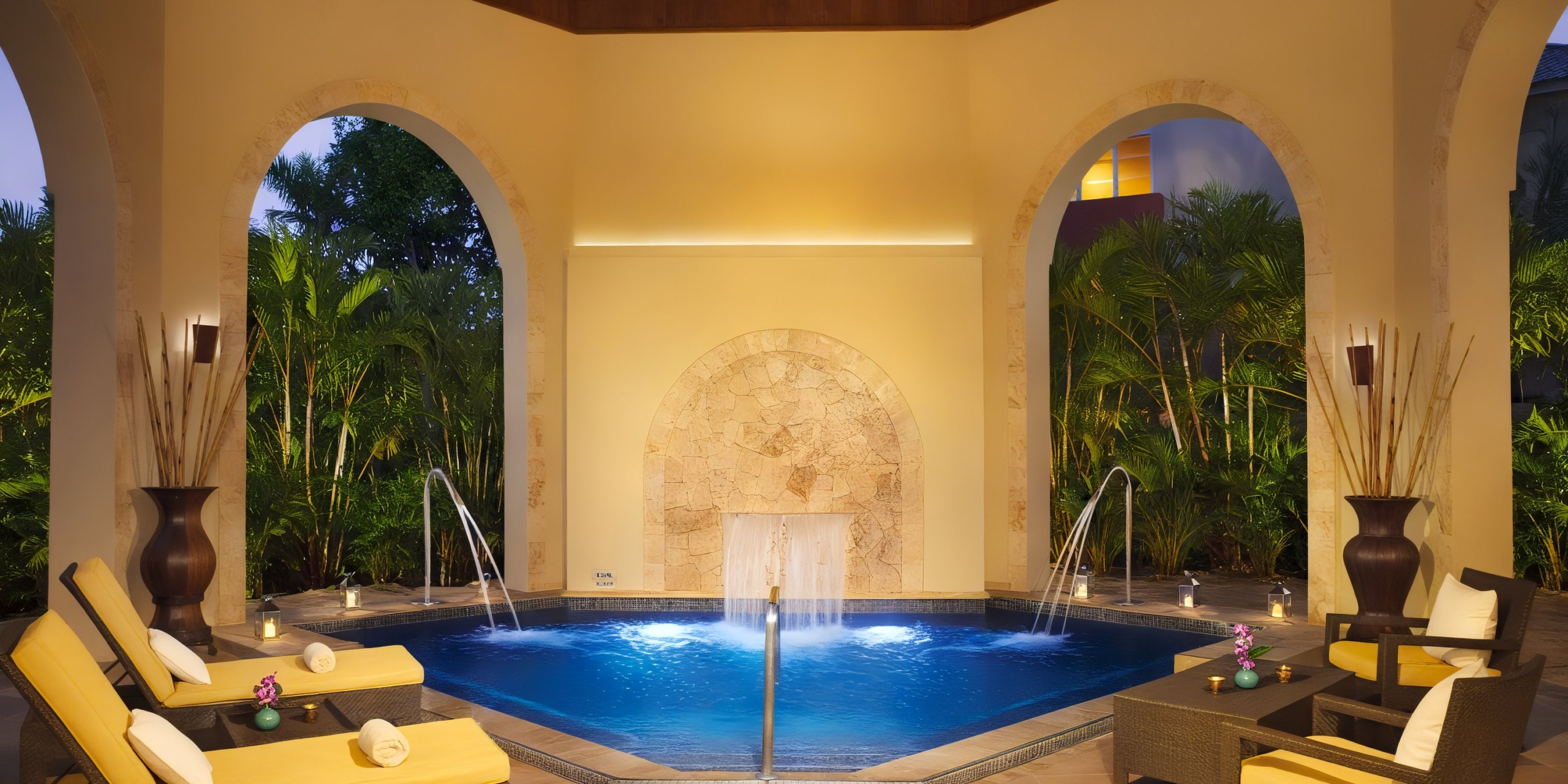 The Wyndham Alltra Punta Cana boasts a luxurious indoor spa with a central pool, lounge chairs, and potted plants under archways, all enhanced by soft lighting.