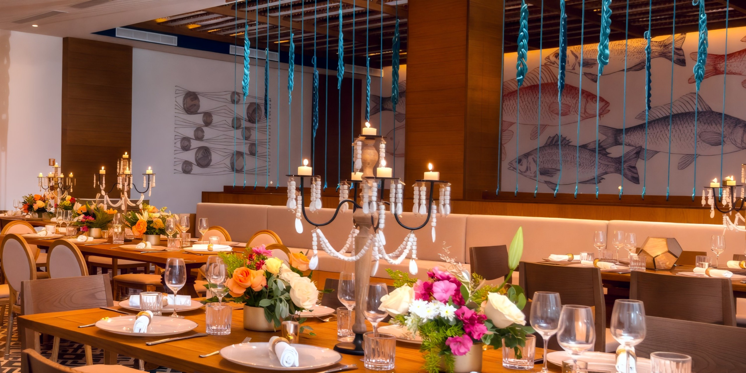 Experience an elegant dining setting perfect for a destination wedding at Dreams Cap Cana Resort, featuring exquisite floral decor and captivating fish-themed wall art.