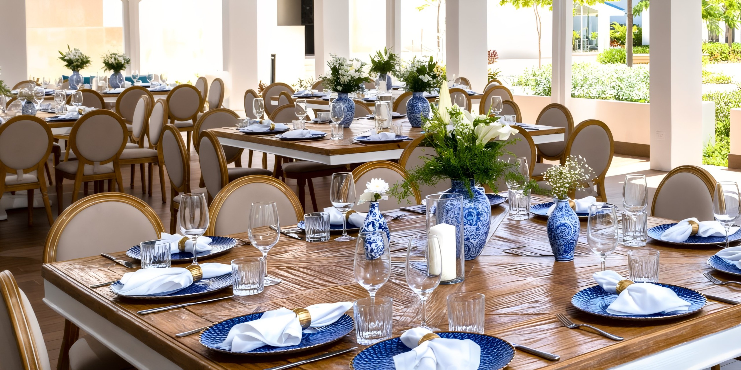 Experience an elegant dining setting featuring blue and white tableware at Dreams Cap Cana Resort's covered patio, perfect for a destination wedding.