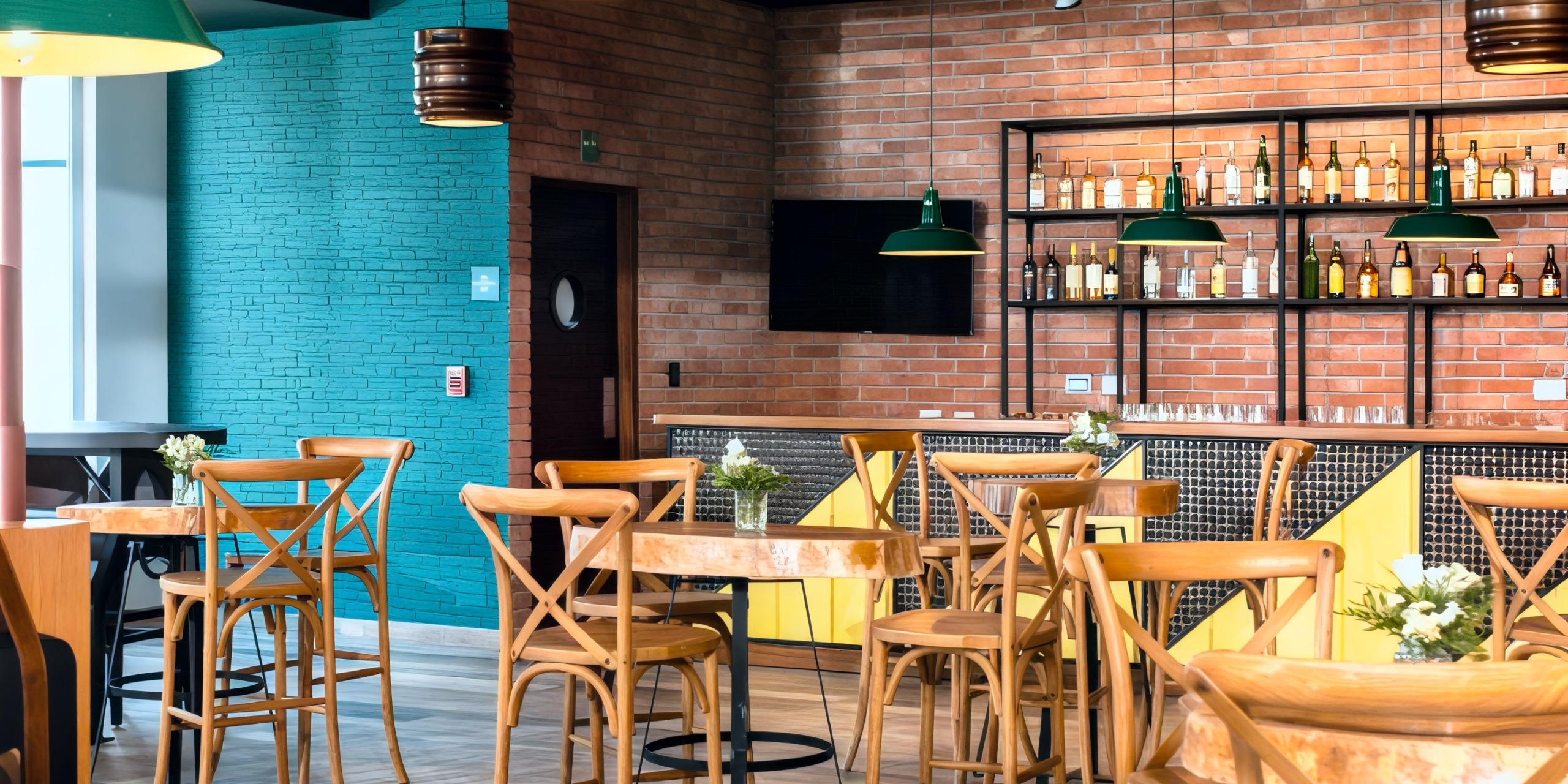 A contemporary resort perfectly suited for a destination wedding, featuring wooden chairs and tables, with an array of bottles displayed on brick shelves behind the counter.