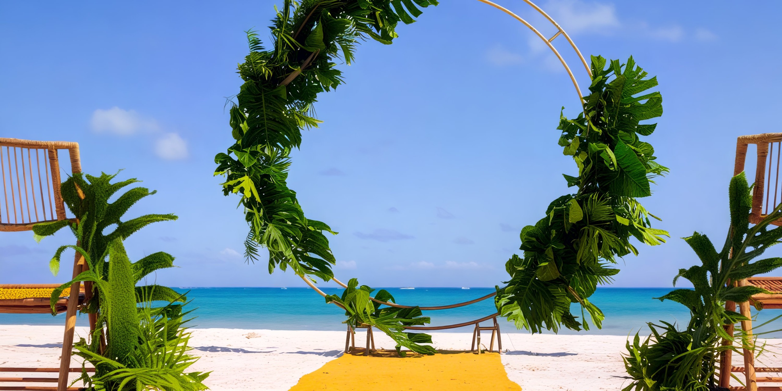 A picturesque green leaf arch adorns the beach at Dreams Cap Cana Resort & Spa, complemented by a vibrant yellow carpet path, setting the perfect scene for a destination wedding.