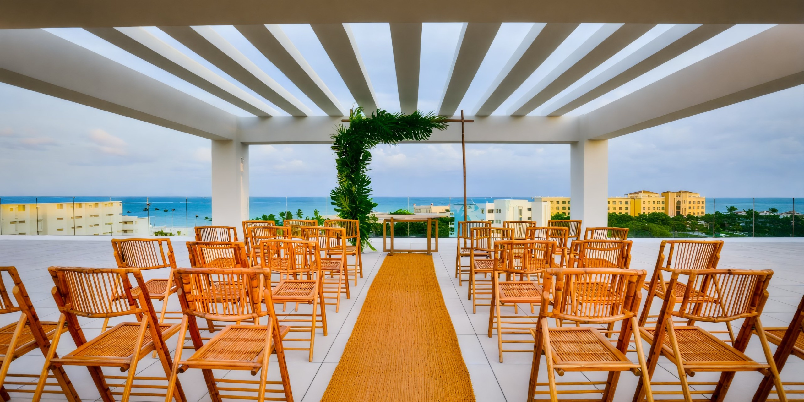 A stunning destination wedding setup awaits on the rooftop of Dreams Cap Cana Resort & Spa, featuring elegant wooden chairs and a breathtaking ocean view.