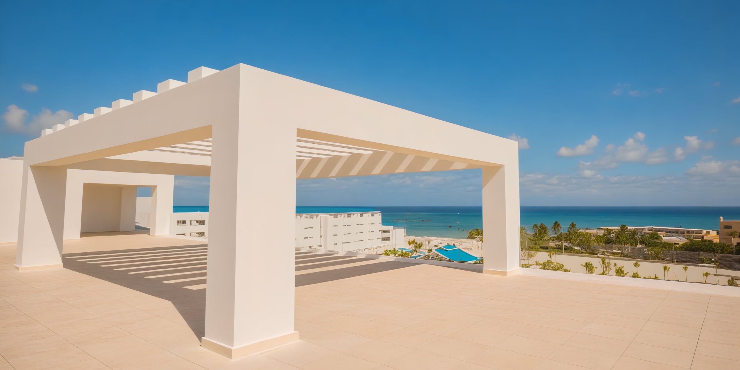 The Dreams Cap Cana terrace, ideal for a destination wedding, boasts a white pergola with stunning ocean views set against a clear blue sky.