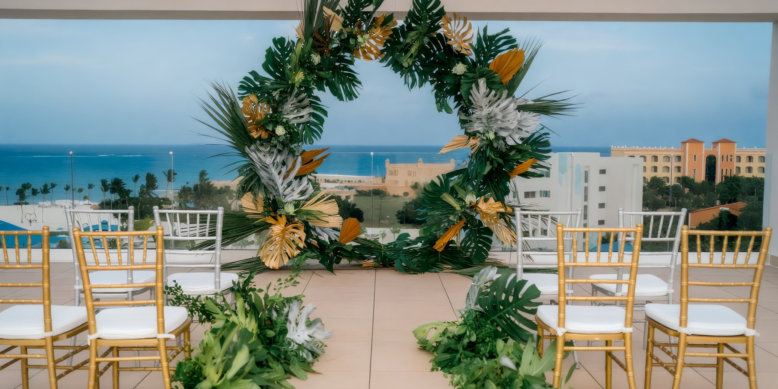 Tropical leaf-adorned wedding arch at the Dreams Cap Cana Resort & Spa terrace—perfect for a destination wedding.